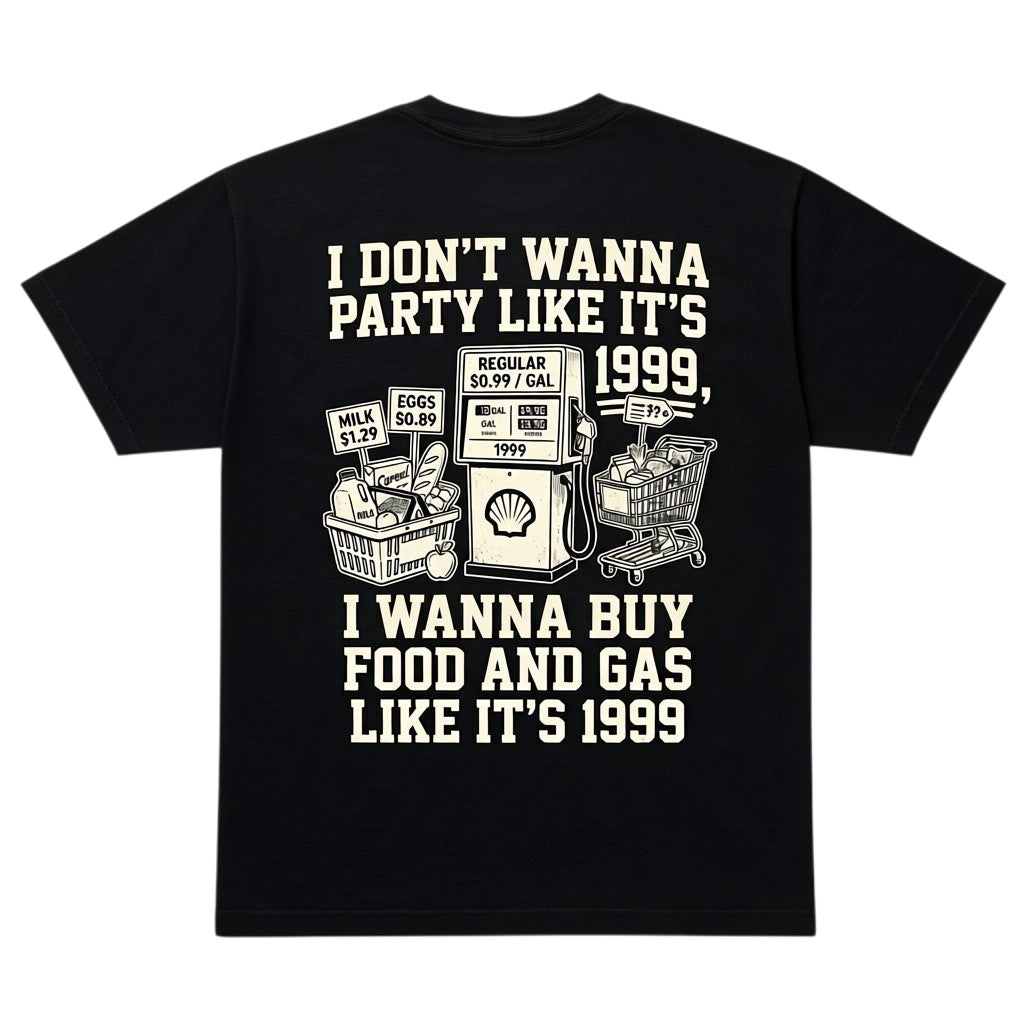 TrendyShift.Com black graphic t-shirt featuring a 1999 inflation-themed print with a gas pump and grocery basket.