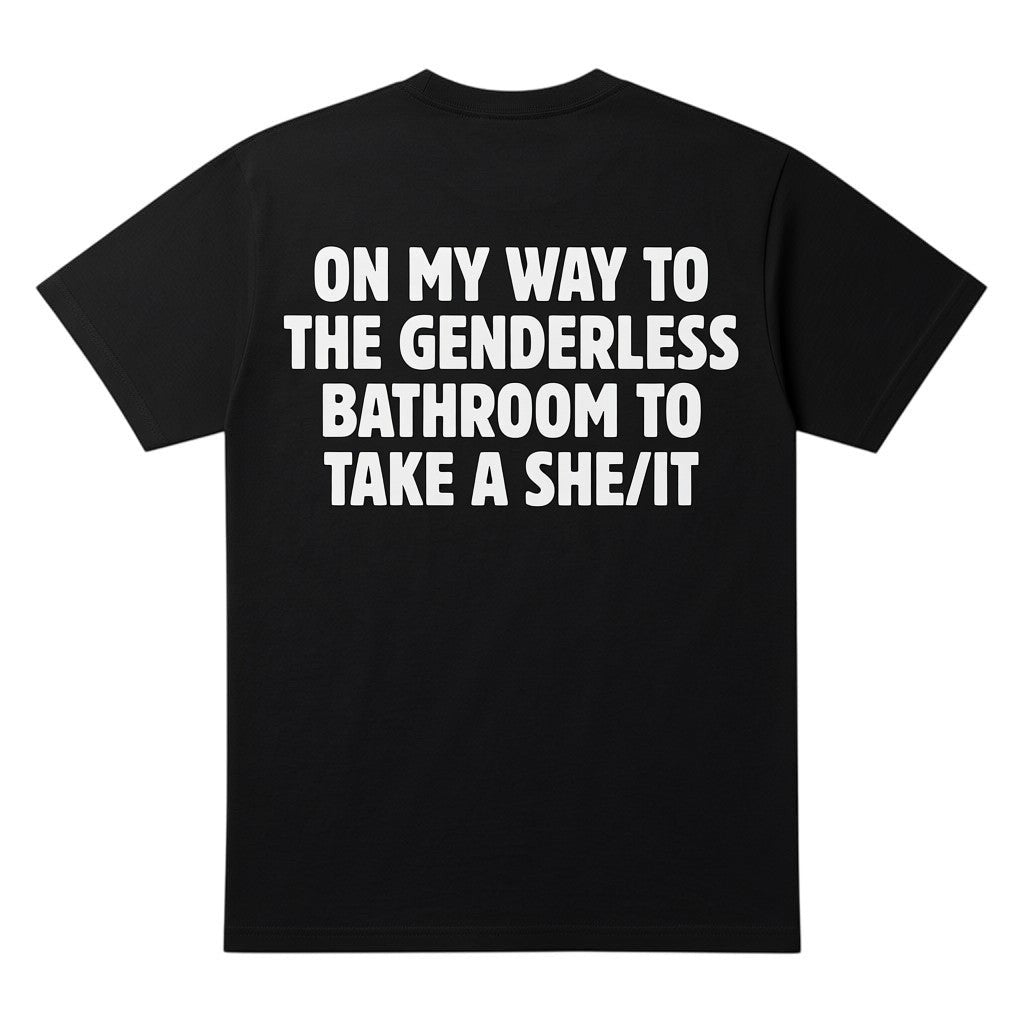 TrendyShift.Com black cotton t-shirt featuring bold white text on the back with humorous bathroom-themed wordplay.