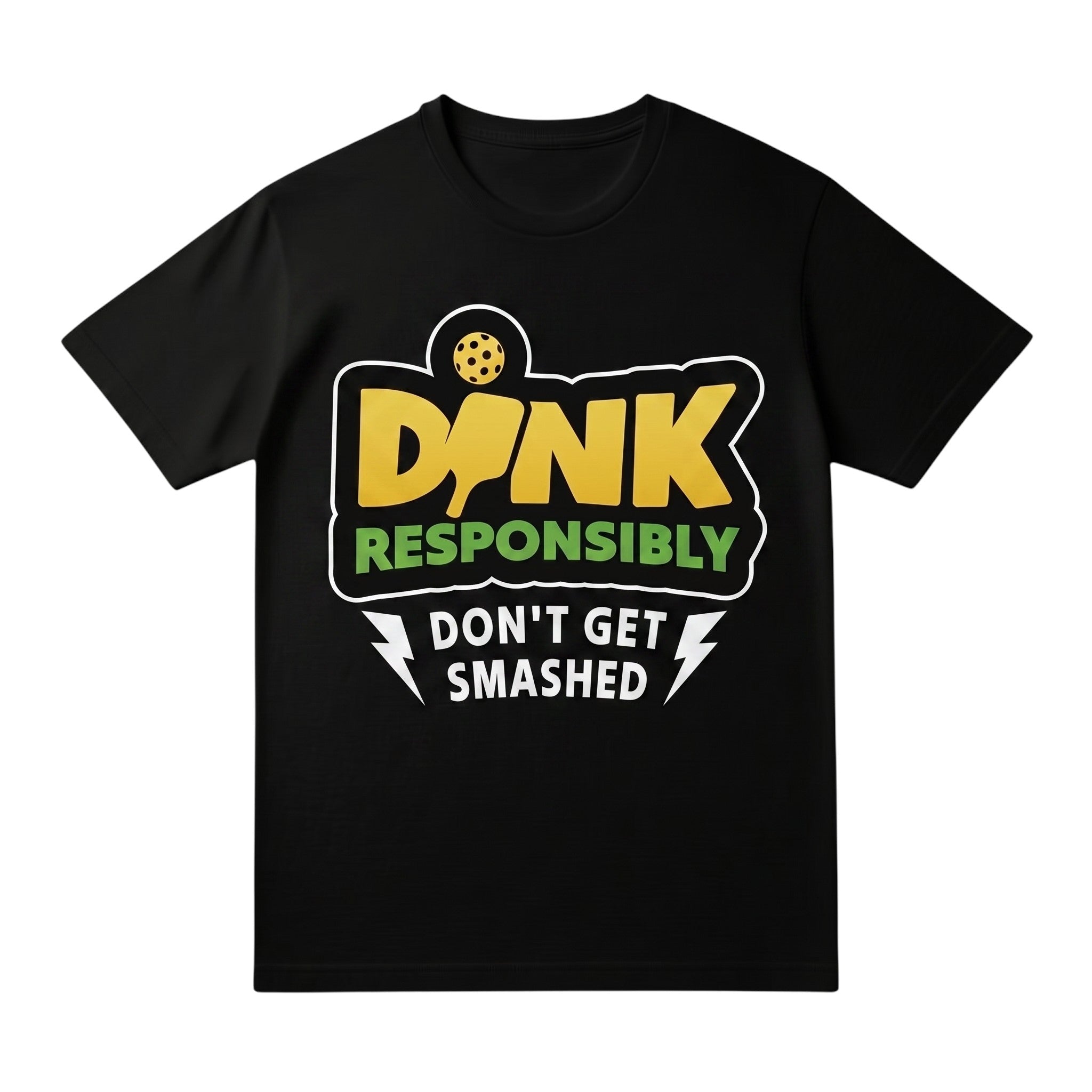 TrendyShift.Com black cotton t-shirt featuring a yellow and green DINK Responsibly pickleball graphic design.