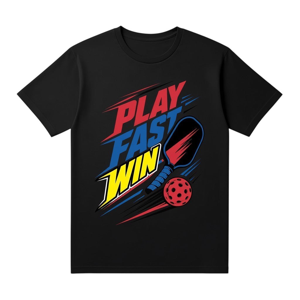 TrendyShift.Com black cotton pickleball t-shirt with Play Fast Win graphic in red, blue, and yellow print.