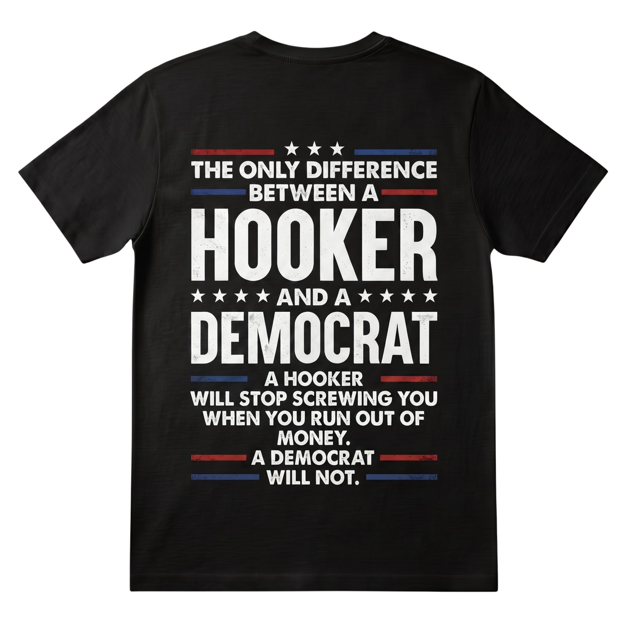 TrendyShift.Com black cotton graphic t-shirt featuring bold distressed red, white, and blue political satire typography.
