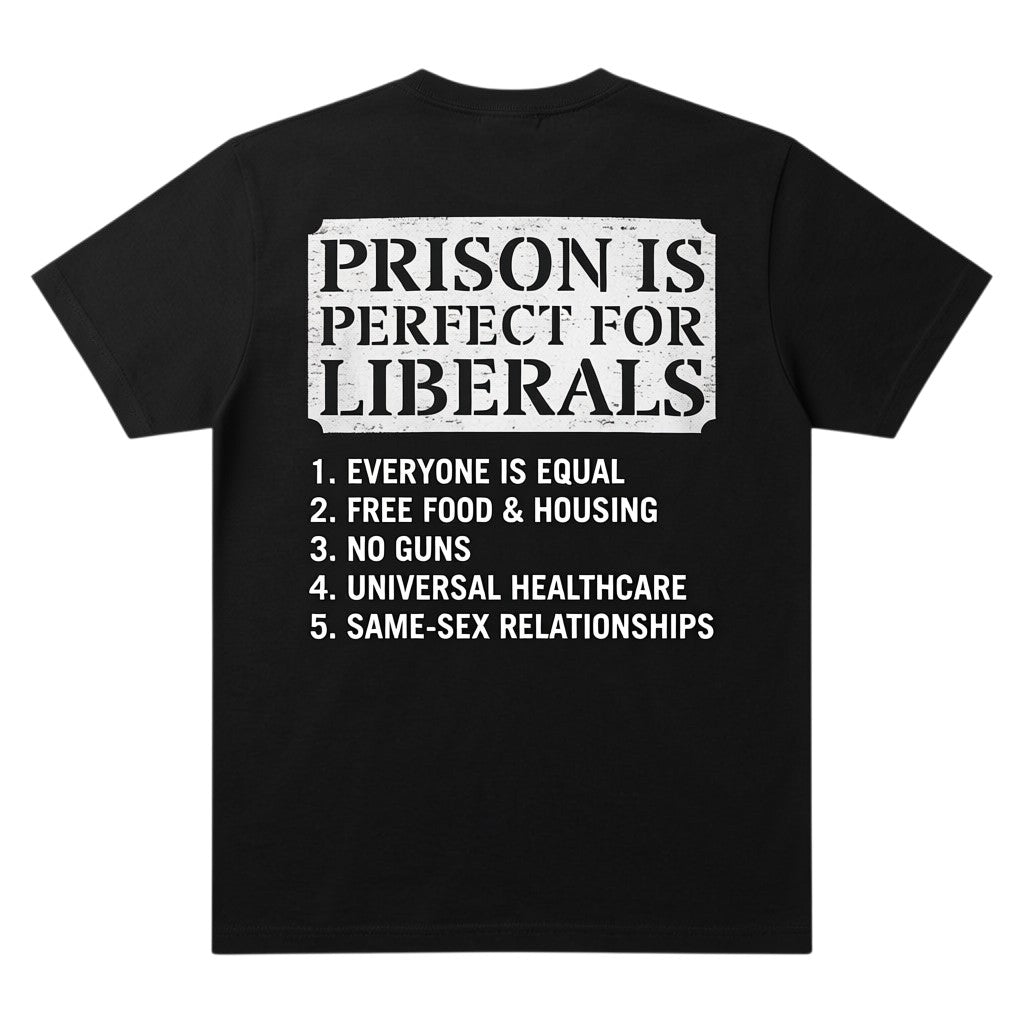 TrendyShift.Com black unisex heavy-weight cotton t-shirt with a satirical political graphic on the back.
