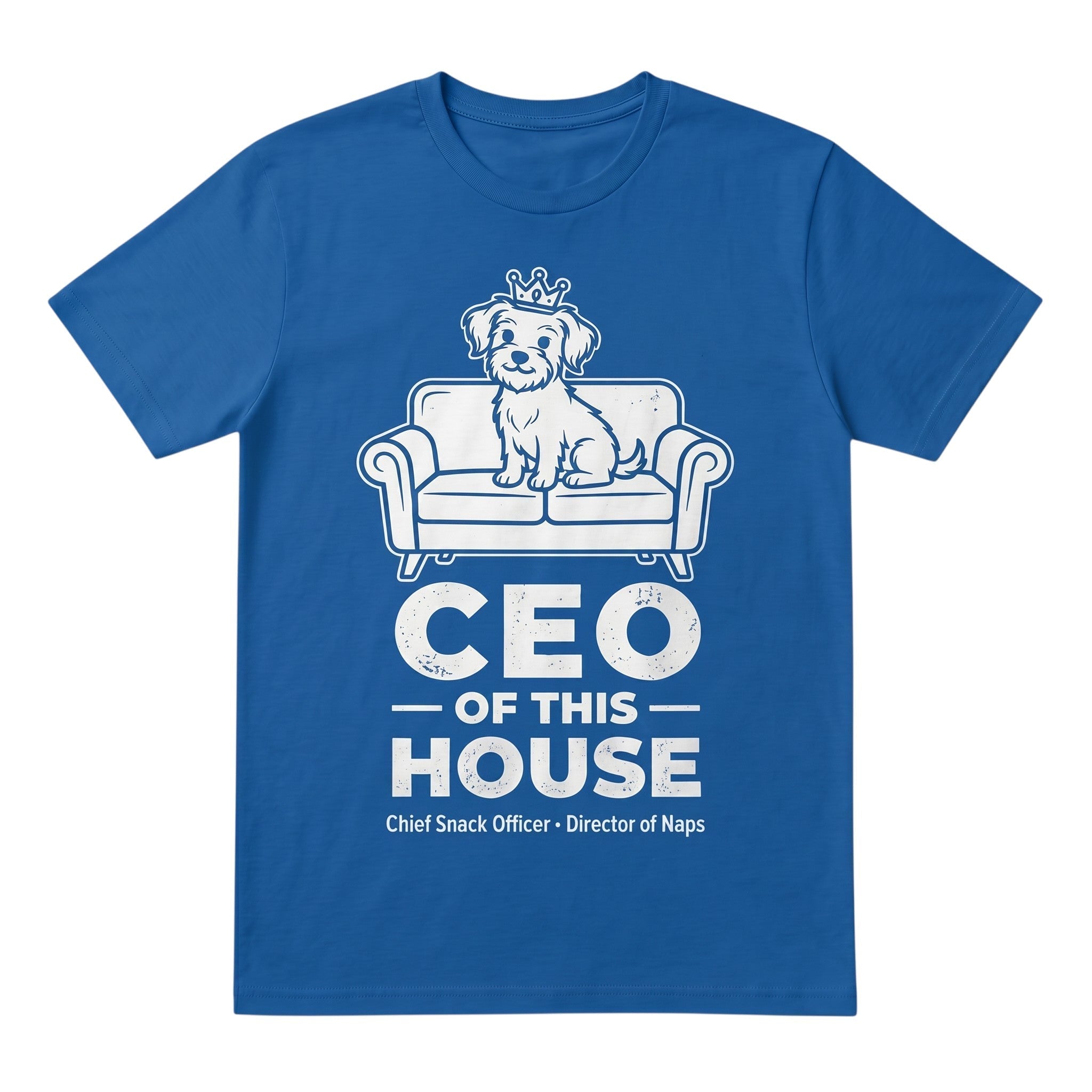 TrendyShift.Com blue unisex cotton t-shirt featuring a white graphic of a dog wearing a crown on a couch