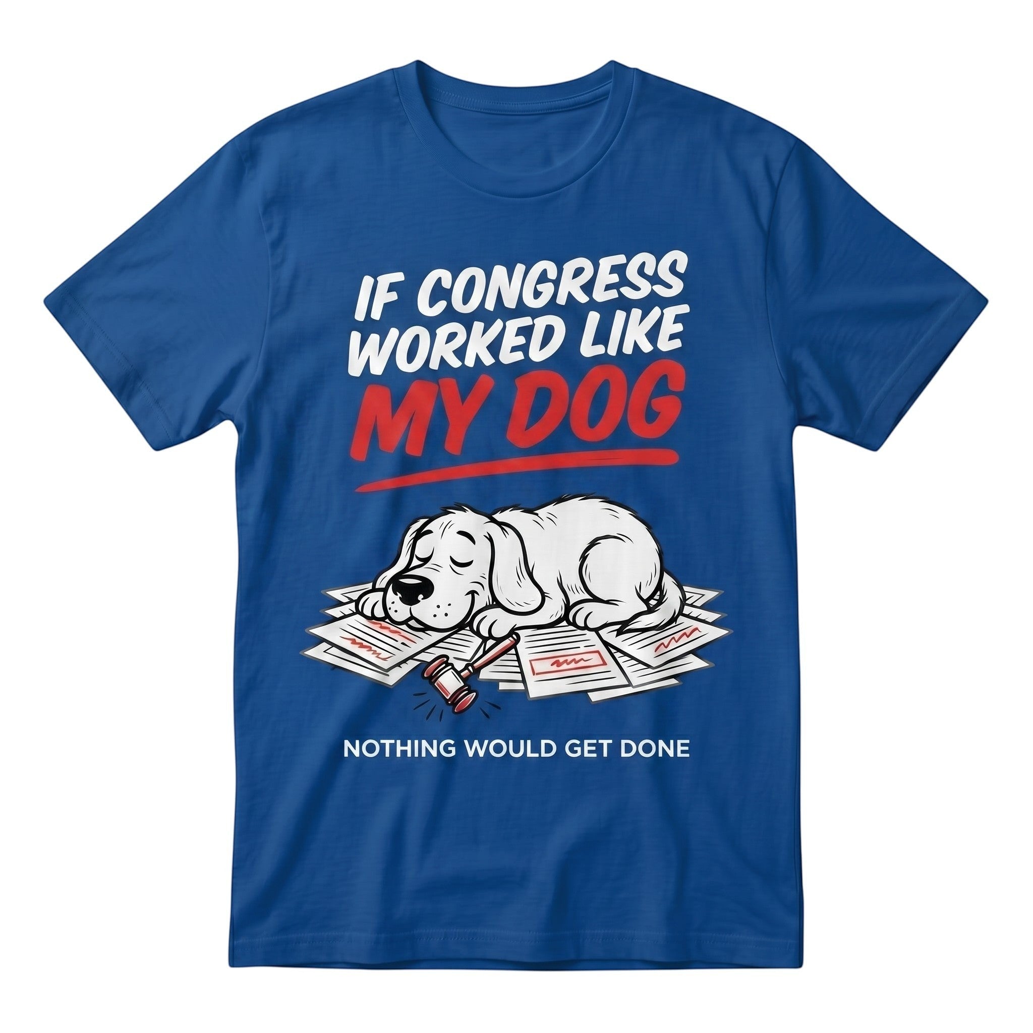 TrendyShift.Com blue heavy cotton t-shirt featuring a funny graphic of a sleepy dog on paperwork with a gavel.