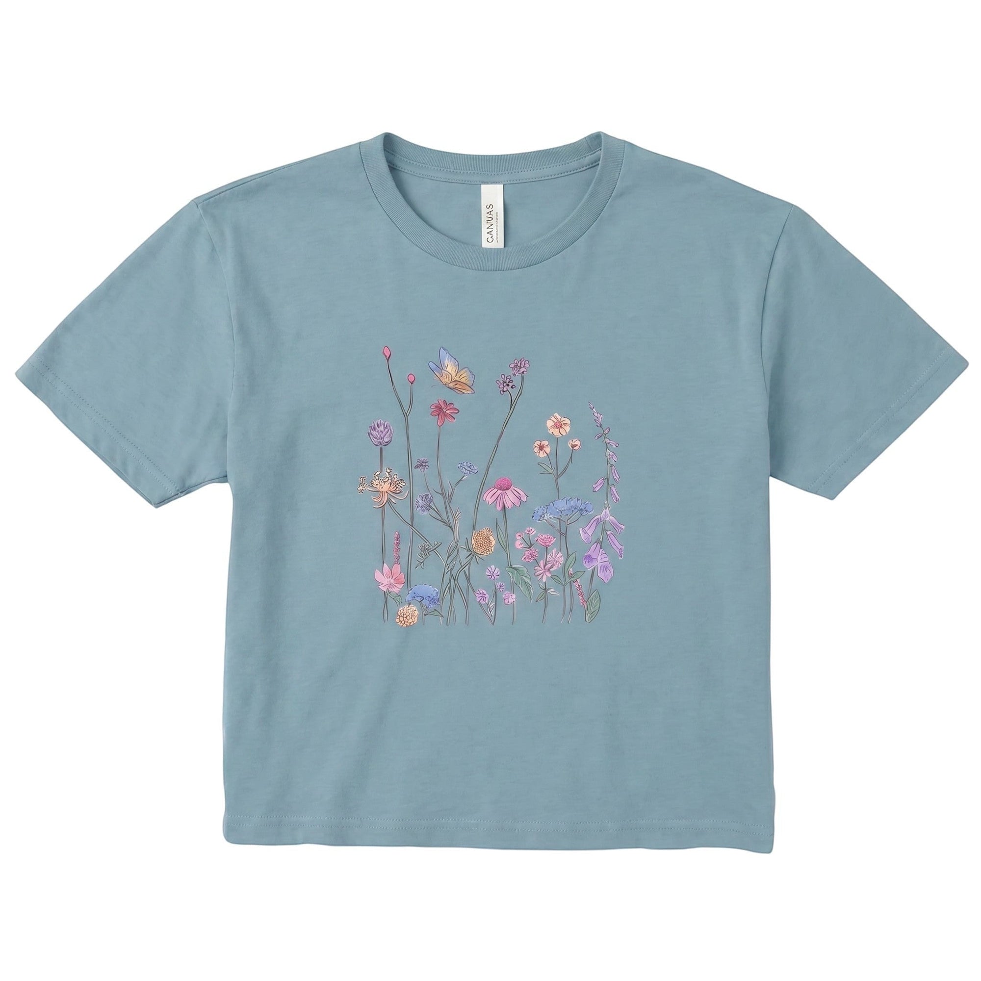 TrendyShift.Com women's blue micro rib tee featuring a delicate colorful wildflower and butterfly graphic print.