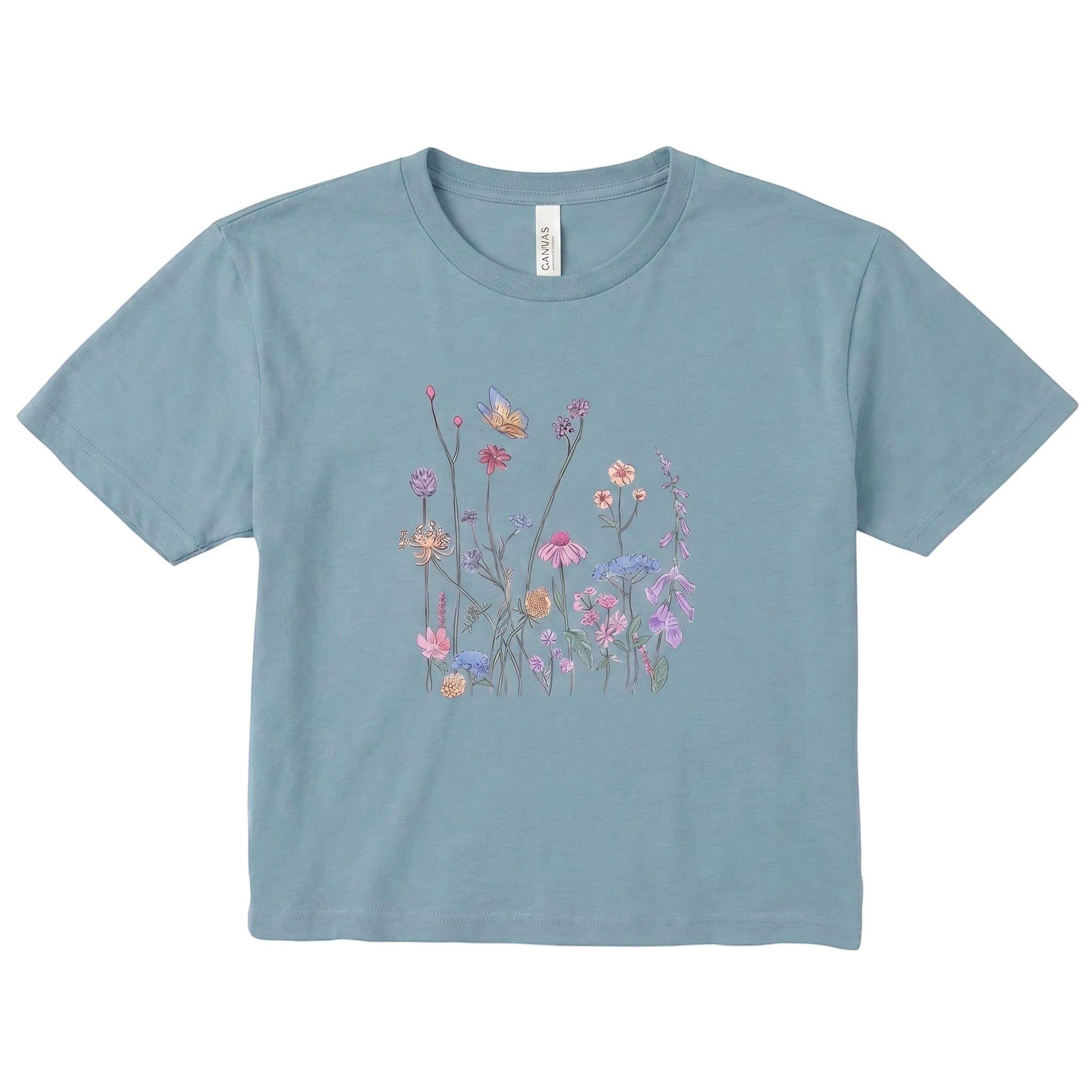 TrendyShift.Com women's blue micro rib tee featuring a delicate colorful wildflower and butterfly graphic print.