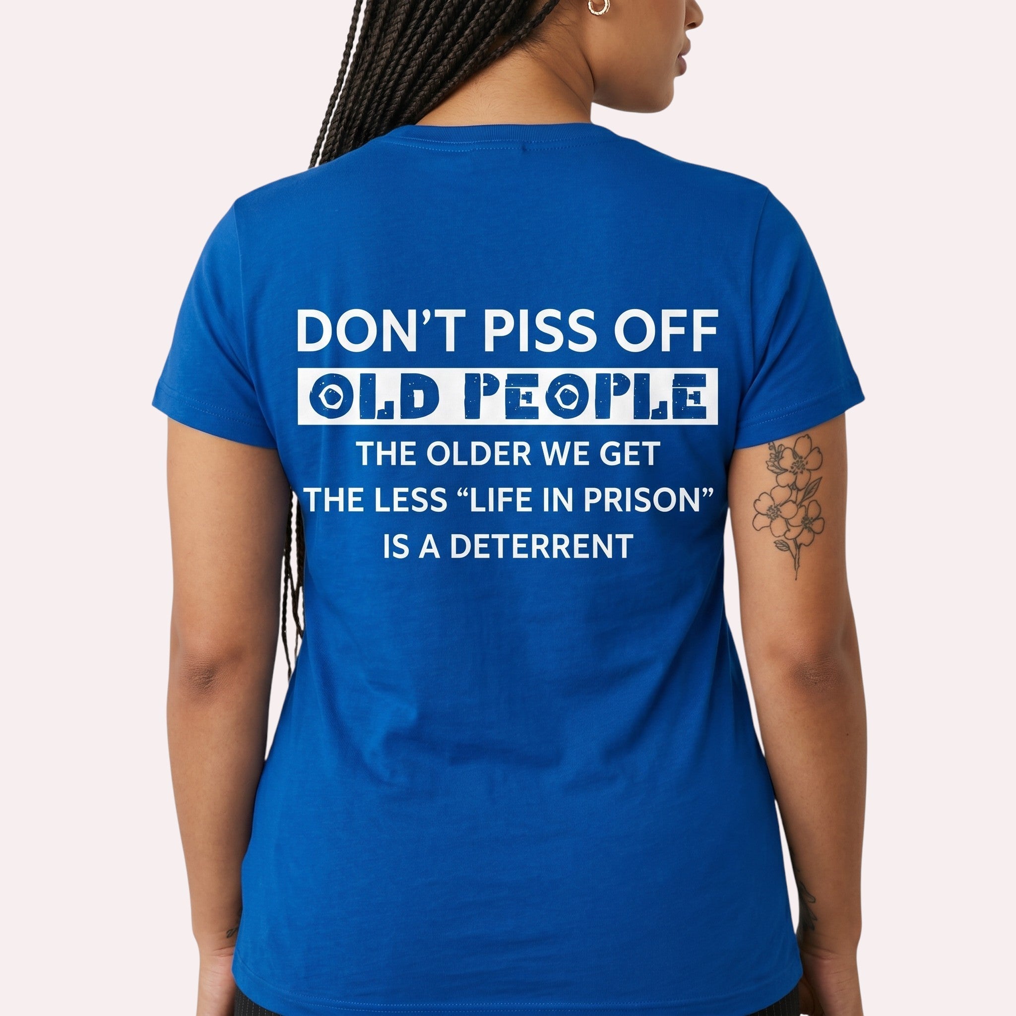 TrendyShift.Com blue cotton unisex t-shirt with bold white text on the back featuring a humorous quote.