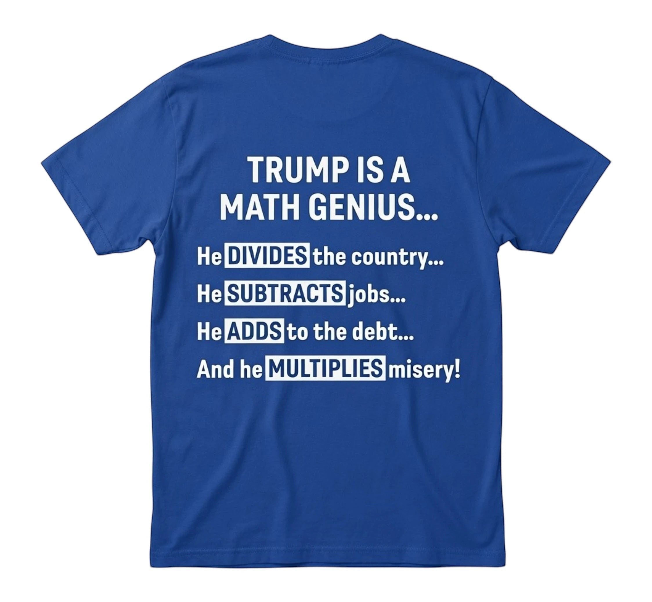 TrendyShift.Com royal blue unisex t-shirt with white political math genius text on the back