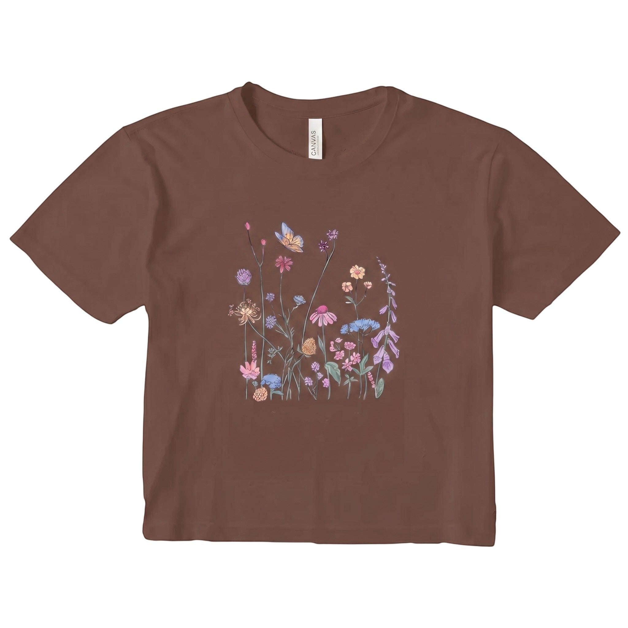 TrendyShift.Com women's brown micro rib crop tee featuring a colorful wildflower and butterfly graphic print.