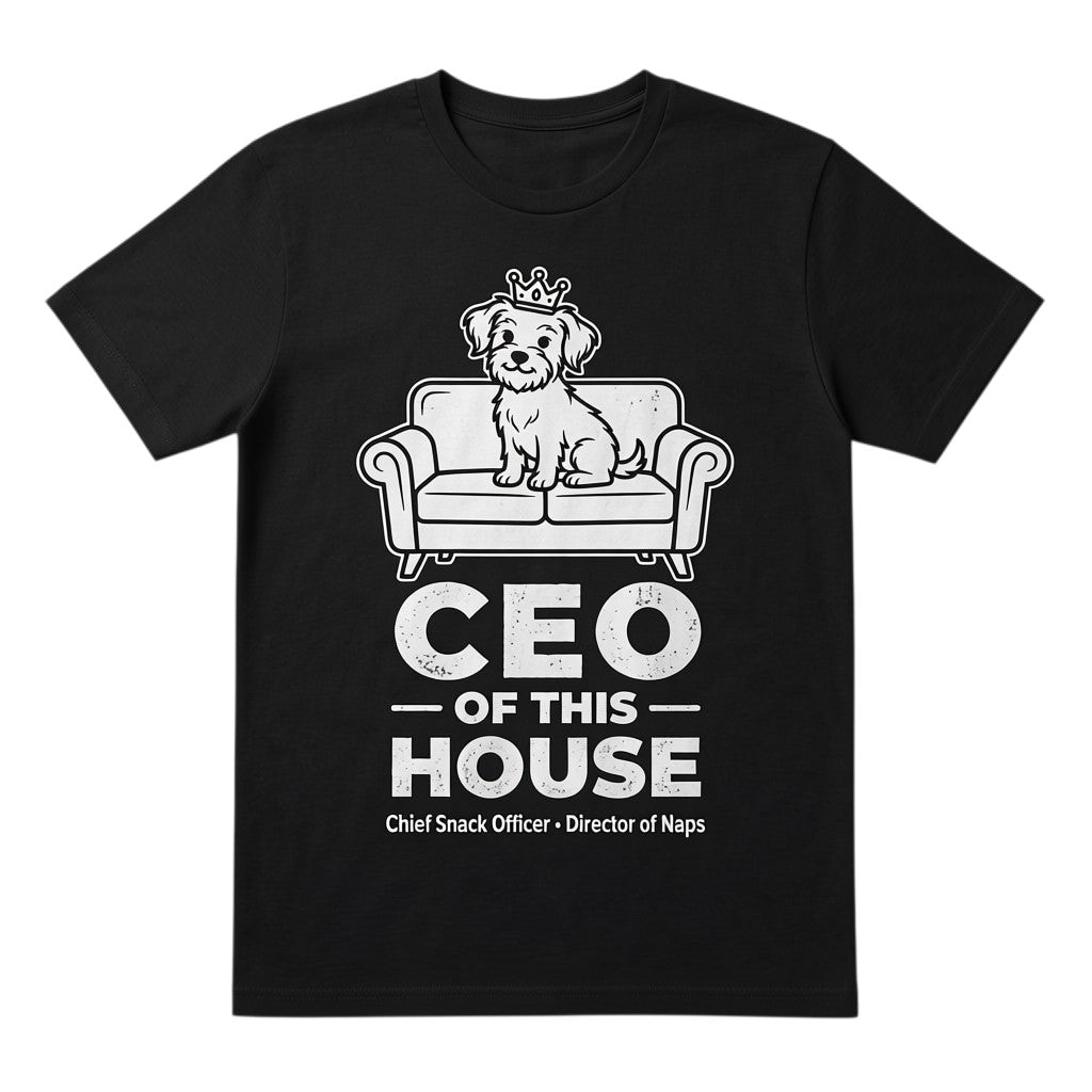 TrendyShift.Com black unisex cotton t-shirt featuring a dog wearing a crown on a couch with CEO of this House text