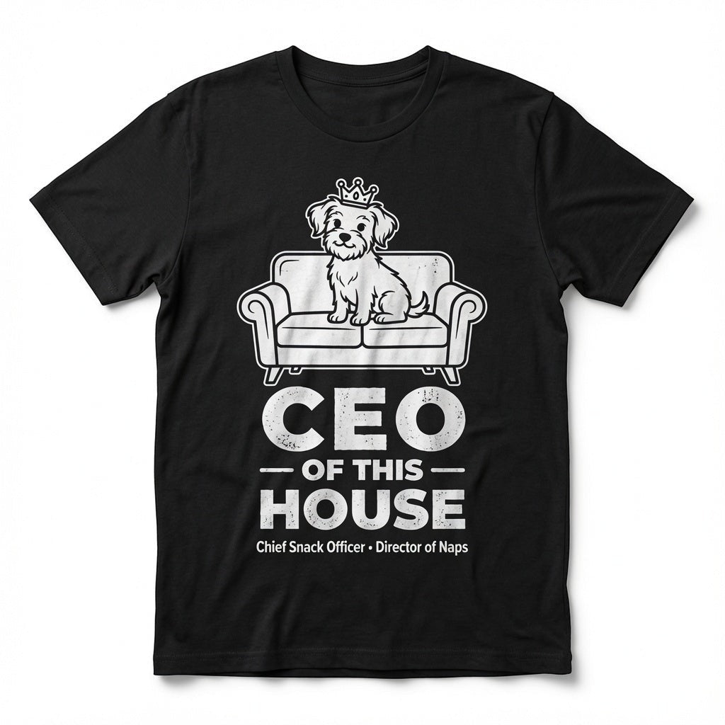 TrendyShift.Com black unisex cotton t-shirt featuring a dog wearing a crown on a couch with CEO of this House text.