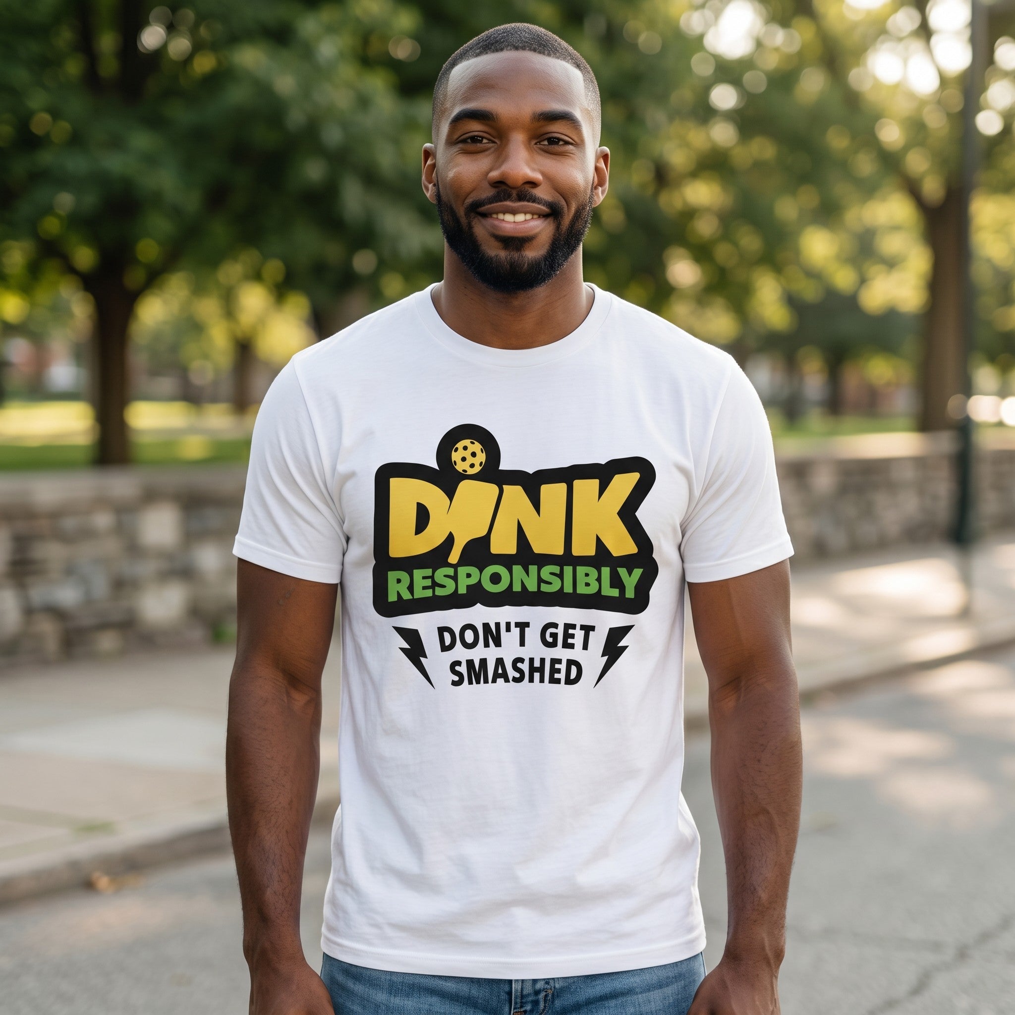TrendyShift.Com white cotton t-shirt with DINK Responsibly pickleball graphic worn by a smiling man outdoors.