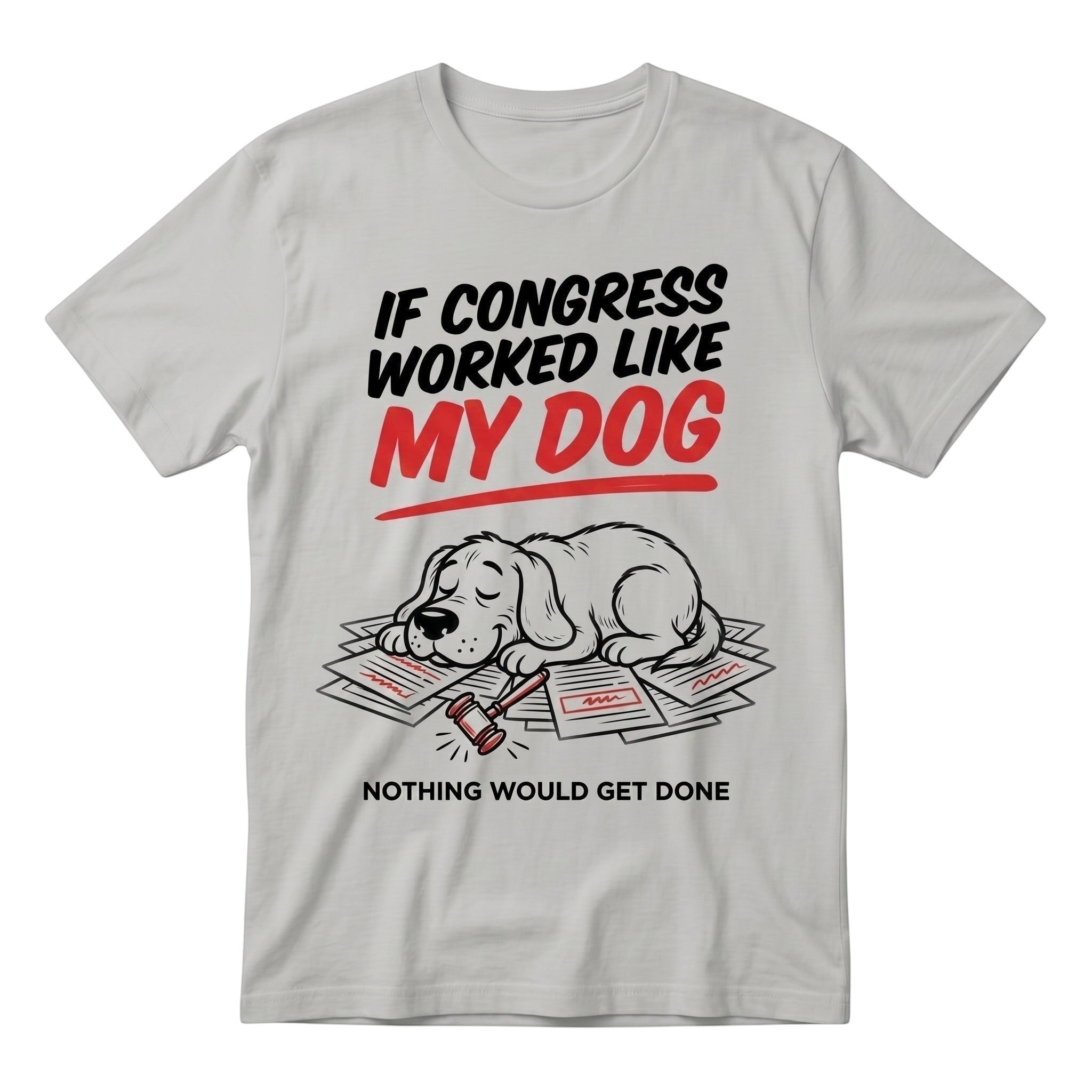 TrendyShift.Com grey heavy cotton unisex t-shirt featuring a funny dog graphic with political satire text.