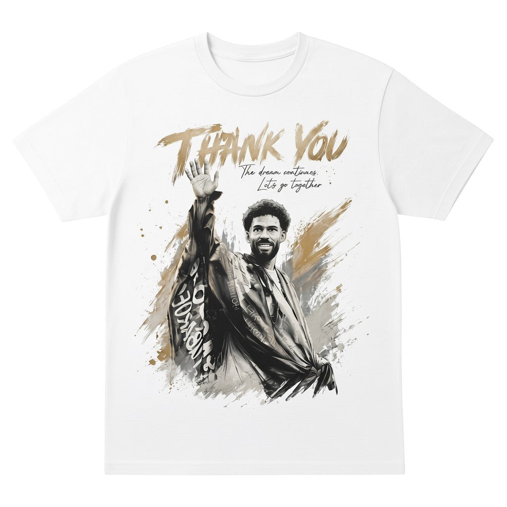 TrendyShift.Com white unisex tee featuring a graphic of a goalkeeper waving goodbye with Thank You text design.