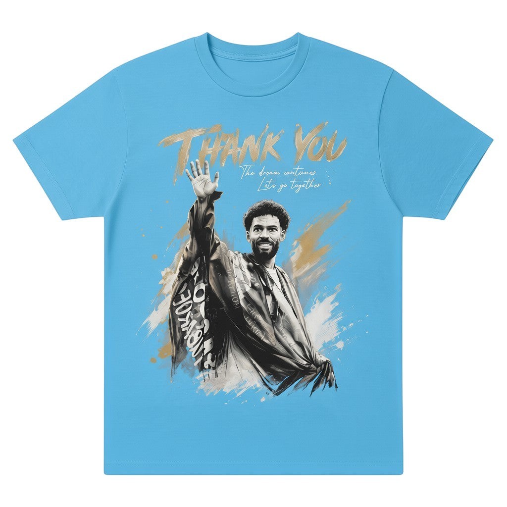 TrendyShift.Com light blue oversized cotton tee featuring a graphic print of a goalkeeper waving goodbye.