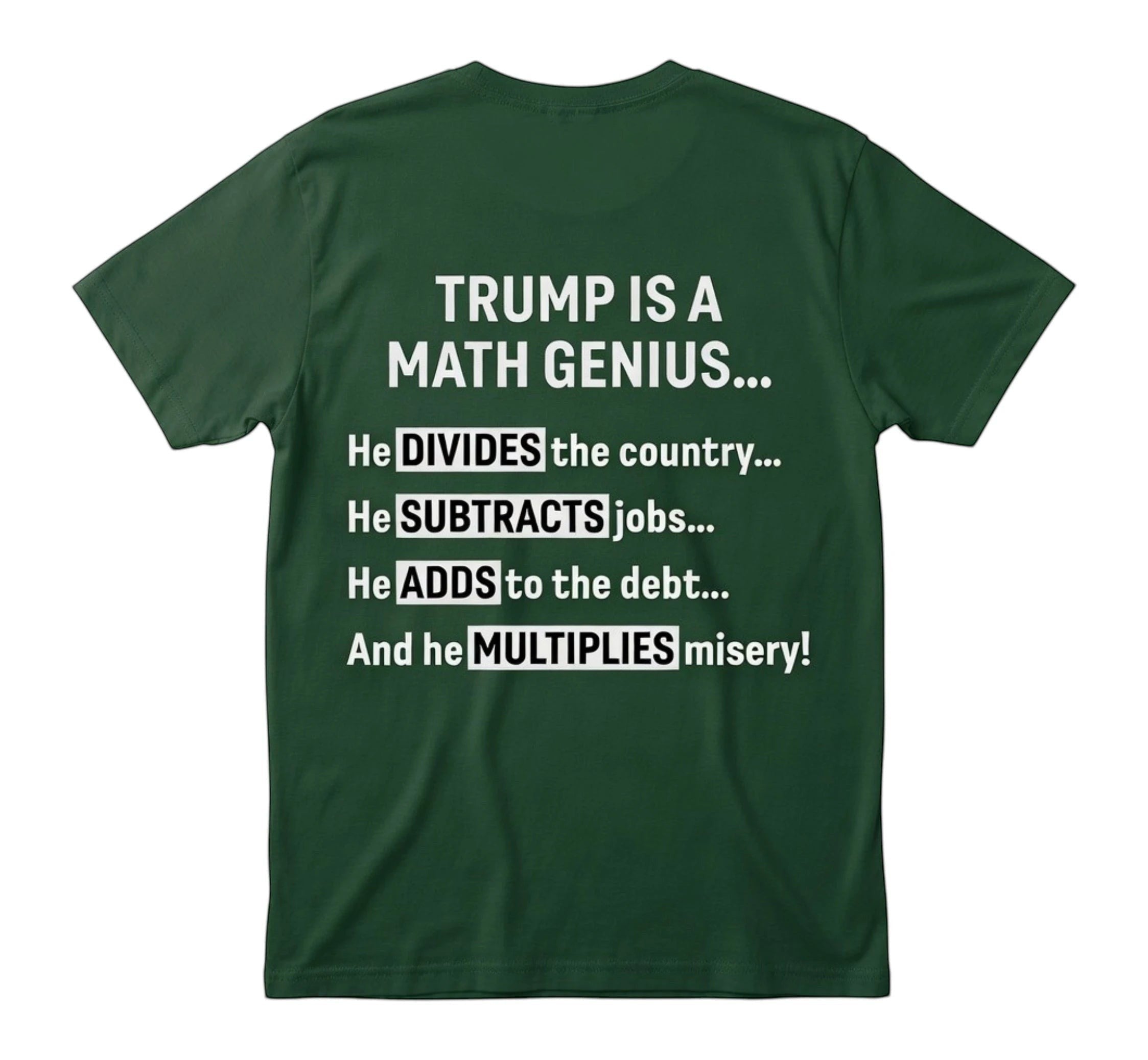 TrendyShift.Com dark green unisex t-shirt with white text featuring a political math-themed graphic on the back.