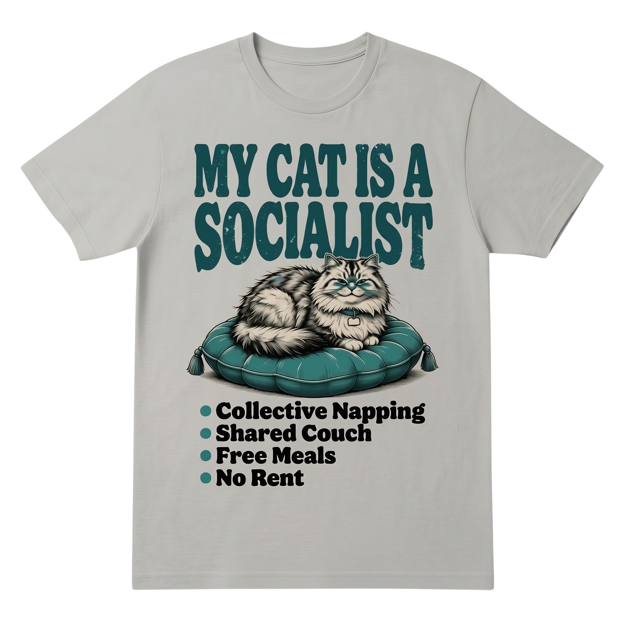 TrendyShift.Com grey cotton graphic tee featuring a cat on a cushion with the text My Cat Is a Socialist