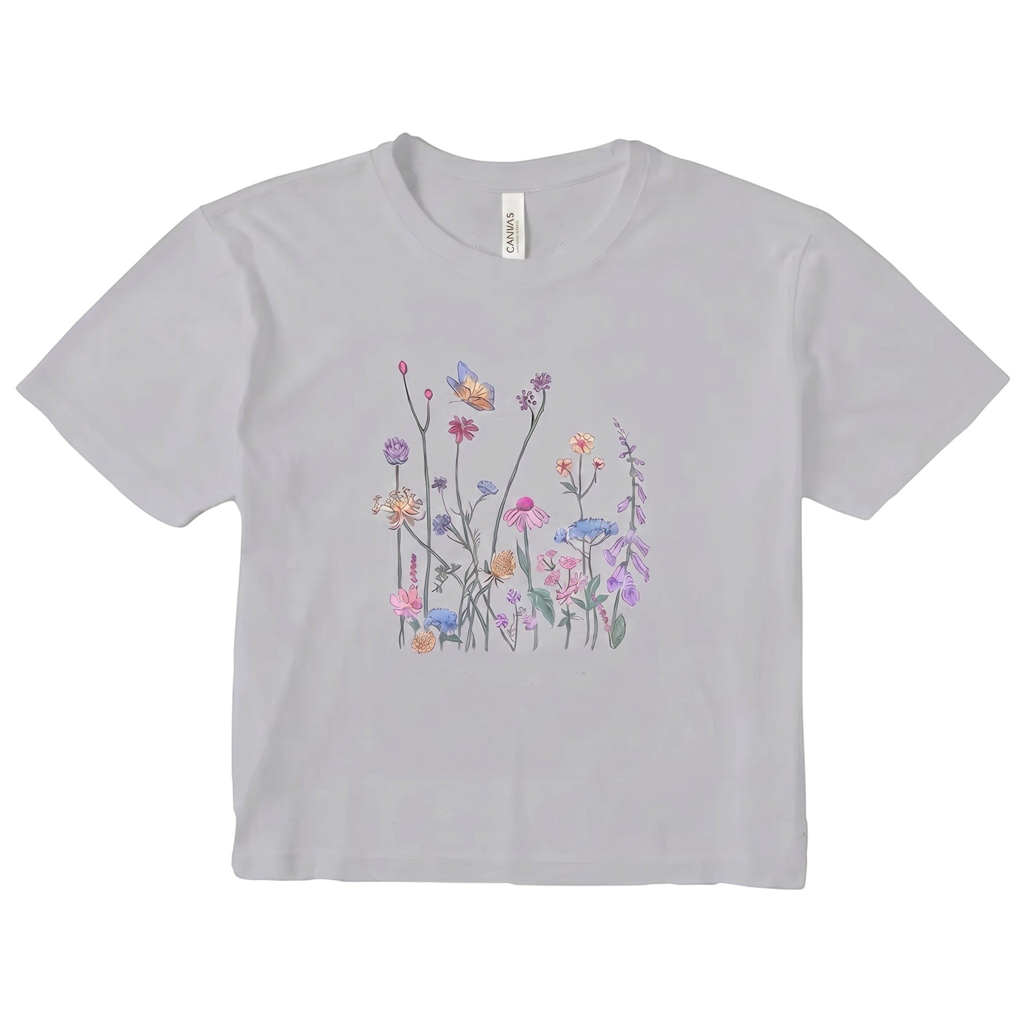TrendyShift.Com women's light grey micro rib t-shirt featuring a delicate wildflower and butterfly graphic print.