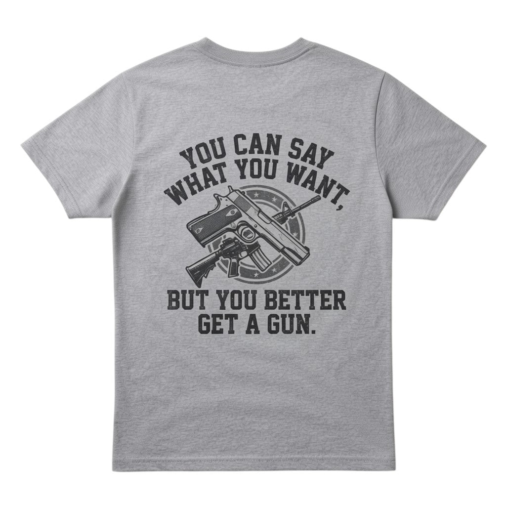 TrendyShift.Com grey cotton t-shirt featuring a back graphic with a gun illustration and bold text.