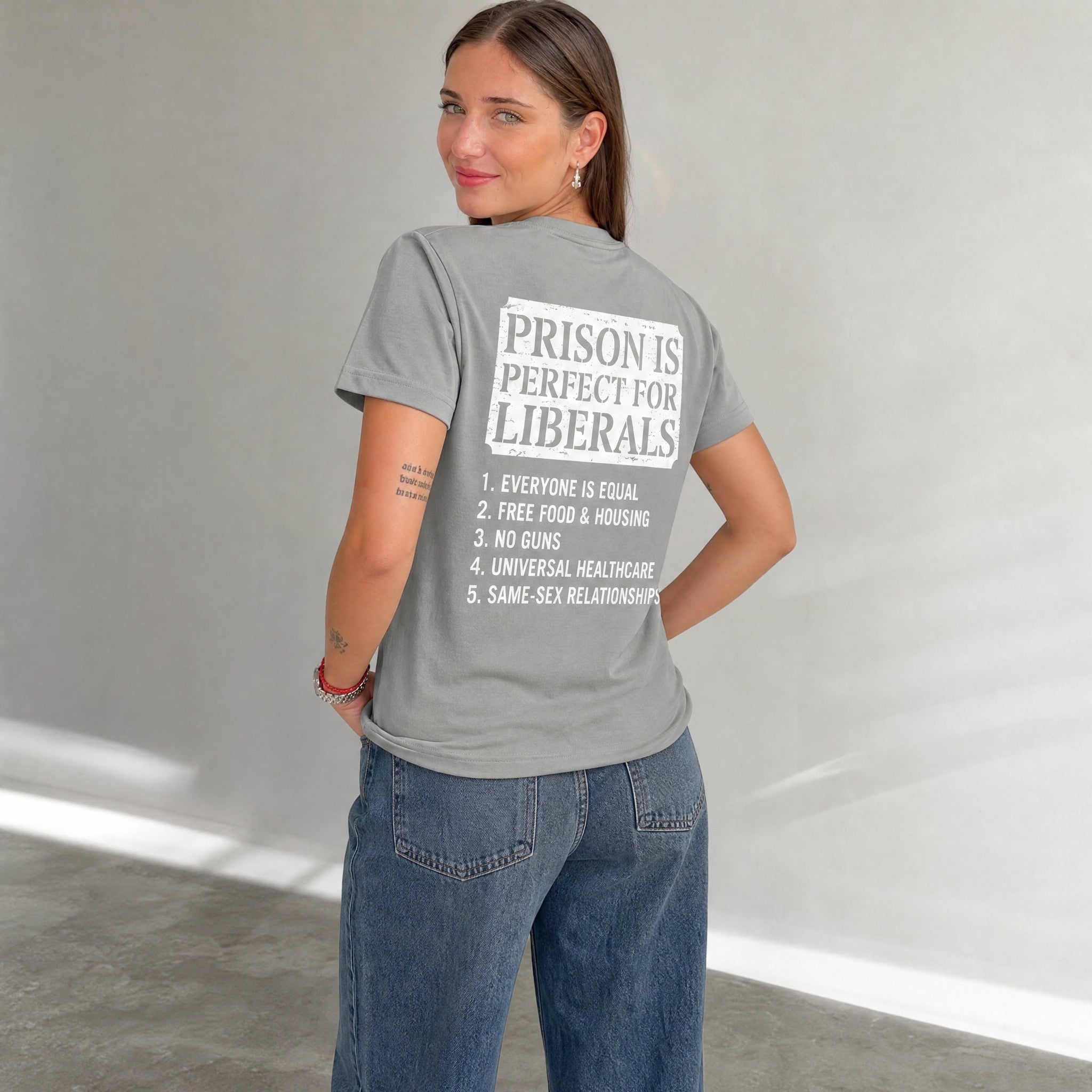TrendyShift.Com grey unisex cotton t-shirt with back graphic print featuring political satire list text