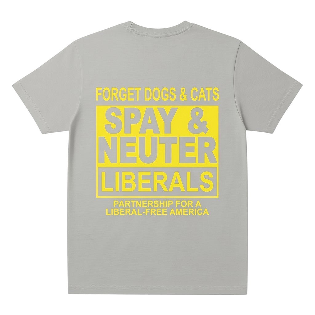 TrendyShift.Com grey streetwear t-shirt with a bold yellow graphic print on the back featuring political satire text.
