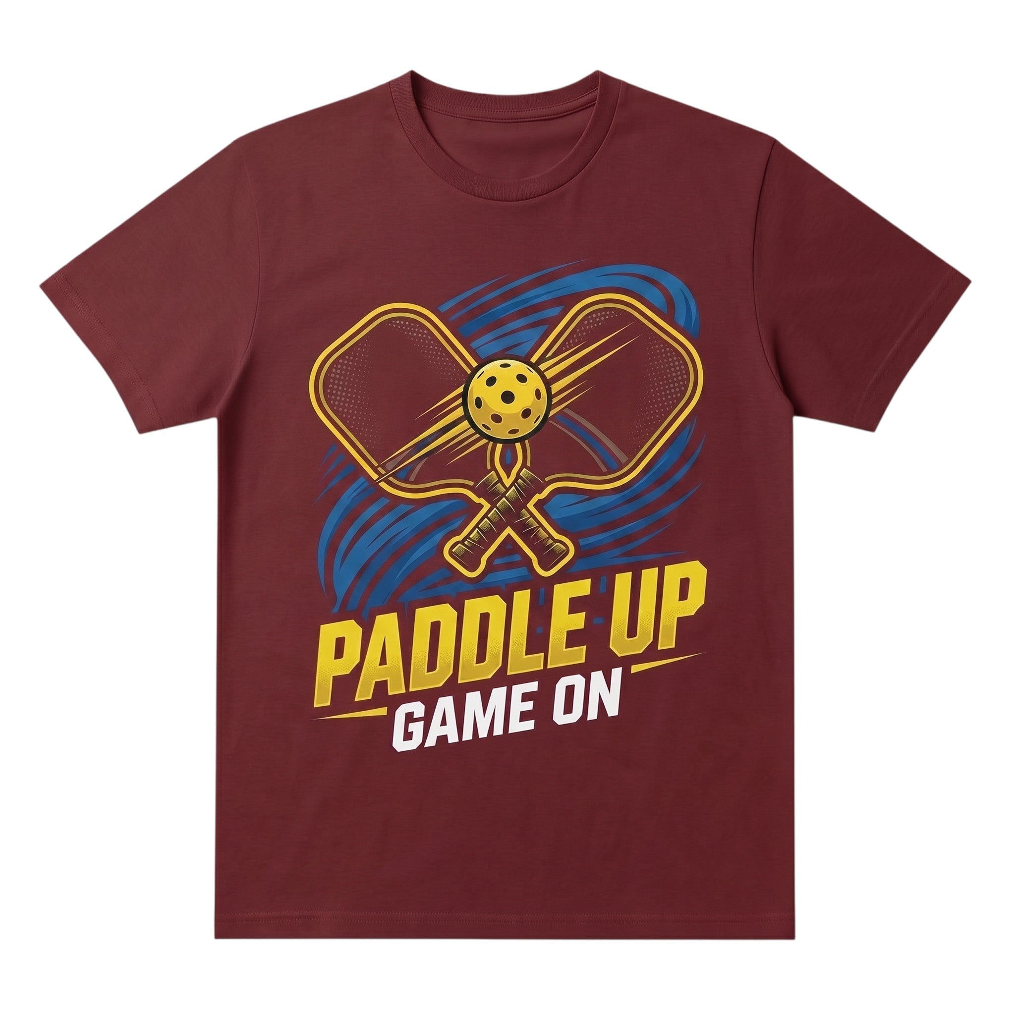 TrendyShift.Com maroon unisex cotton t-shirt featuring a Paddle Up Game On pickleball graphic print.