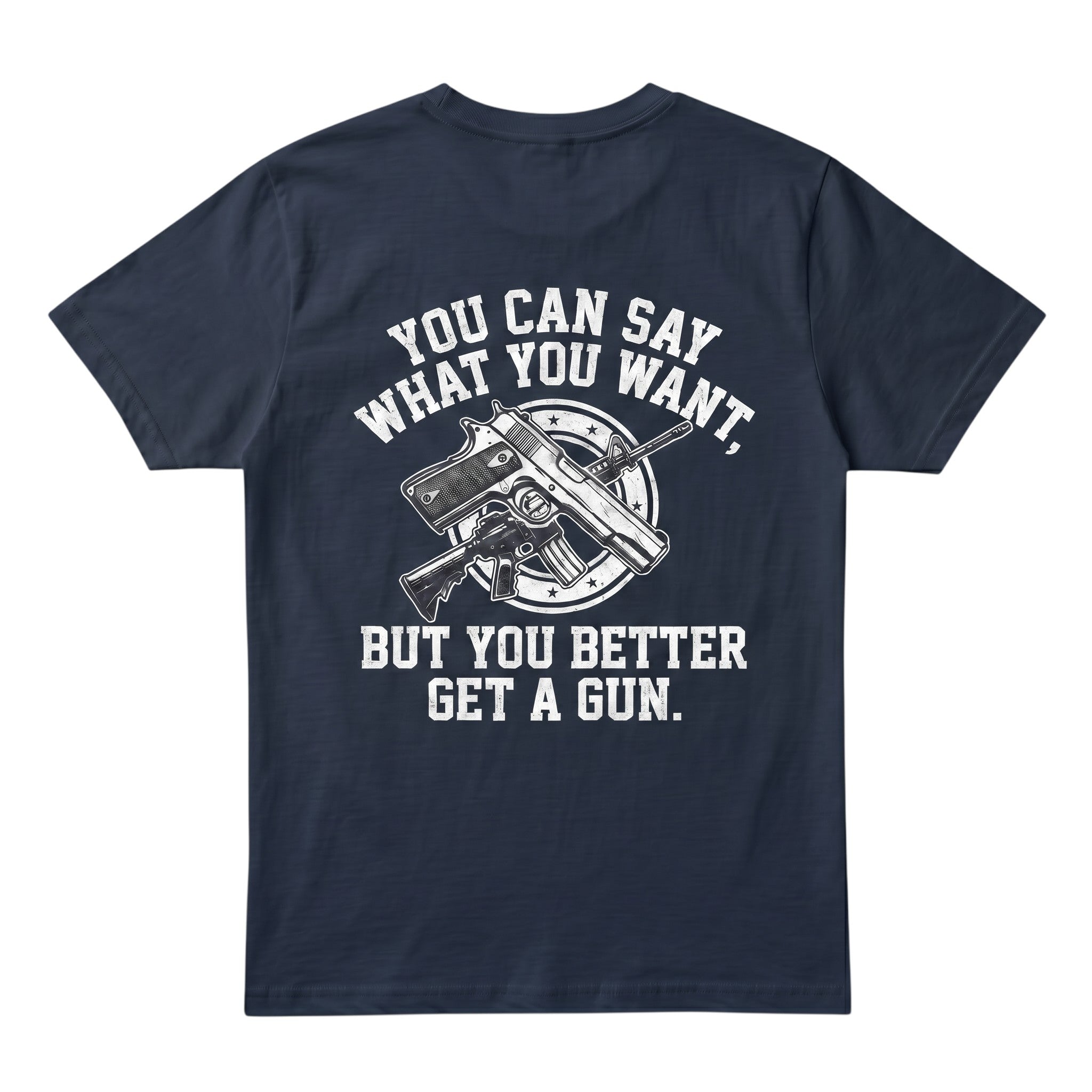 TrendyShift.Com navy blue cotton t-shirt featuring a white graphic print of crossed firearms and bold text on the back