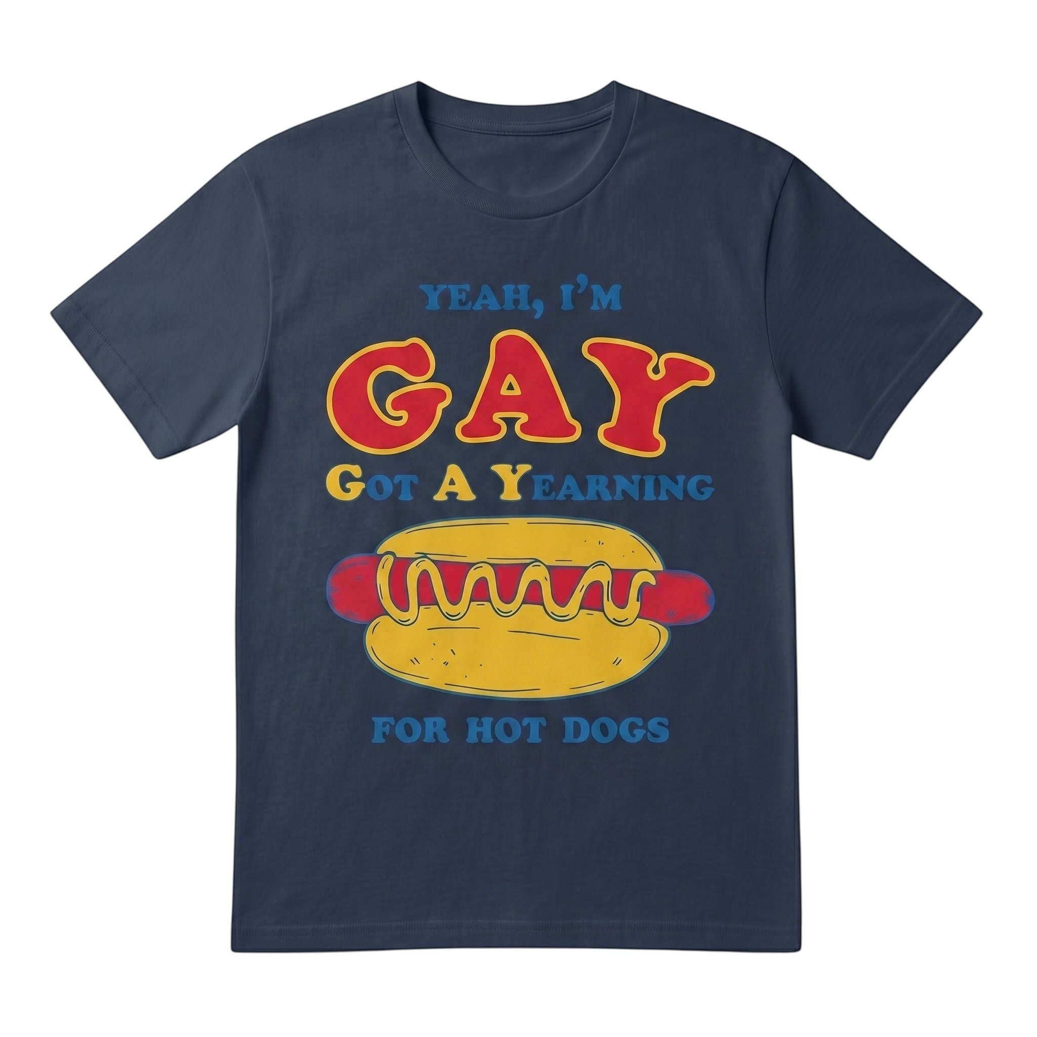 TrendyShift.Com navy blue 100% cotton t-shirt with a humorous graphic print about hot dogs and retro typography.