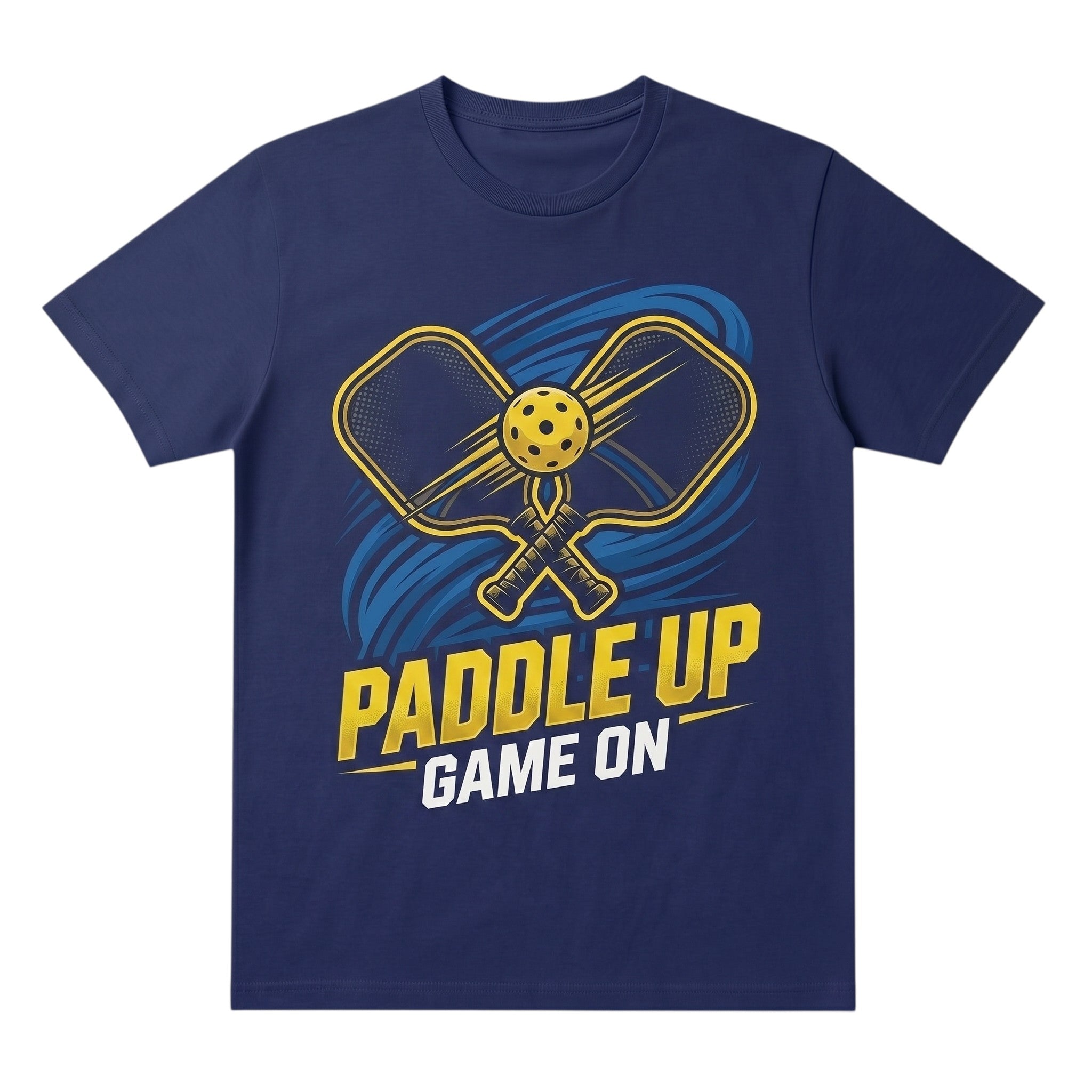 TrendyShift.Com navy blue unisex cotton t-shirt featuring a yellow pickleball paddle and ball graphic with text.