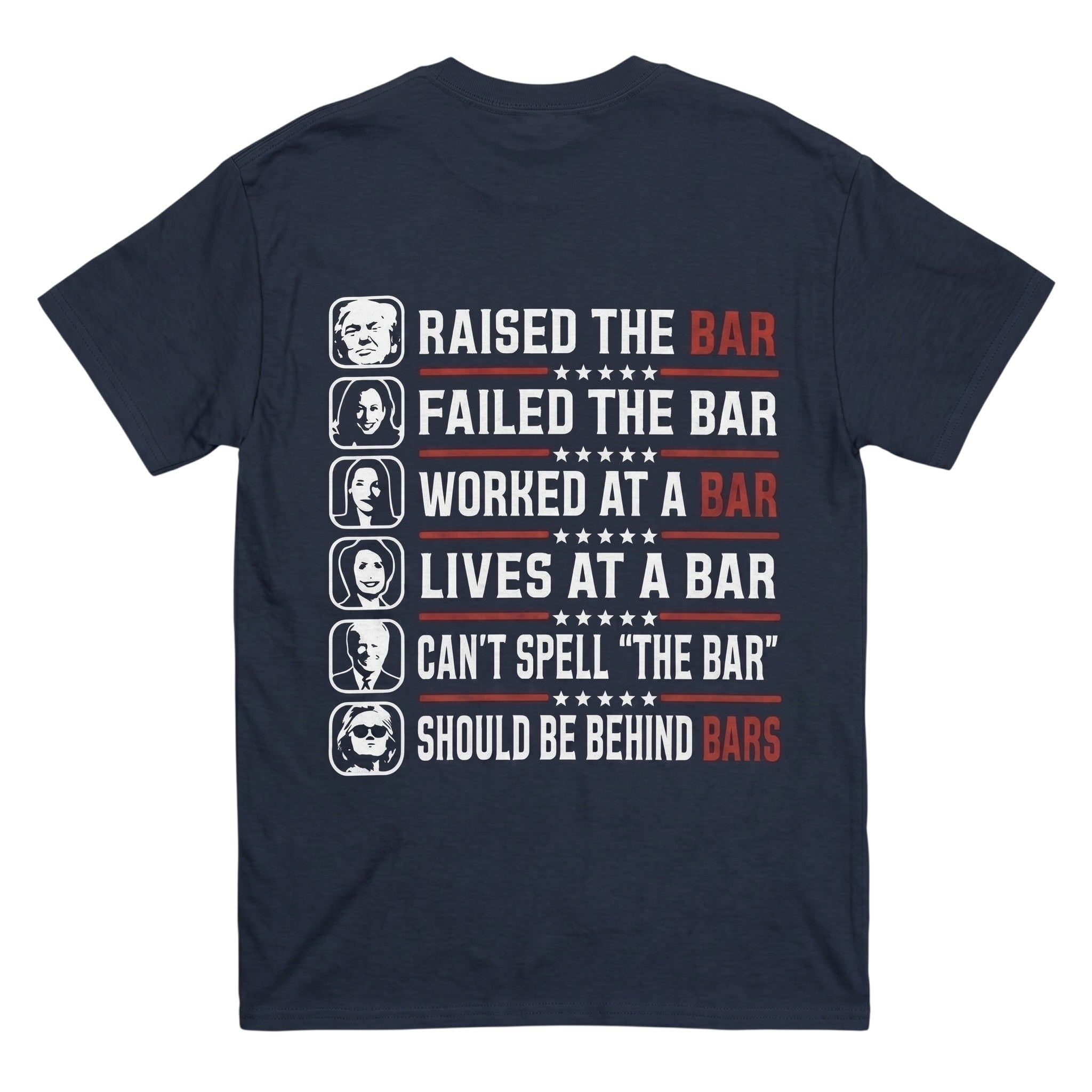 TrendyShift.Com navy blue 100% cotton t-shirt featuring a back print with political satire text and portraits.