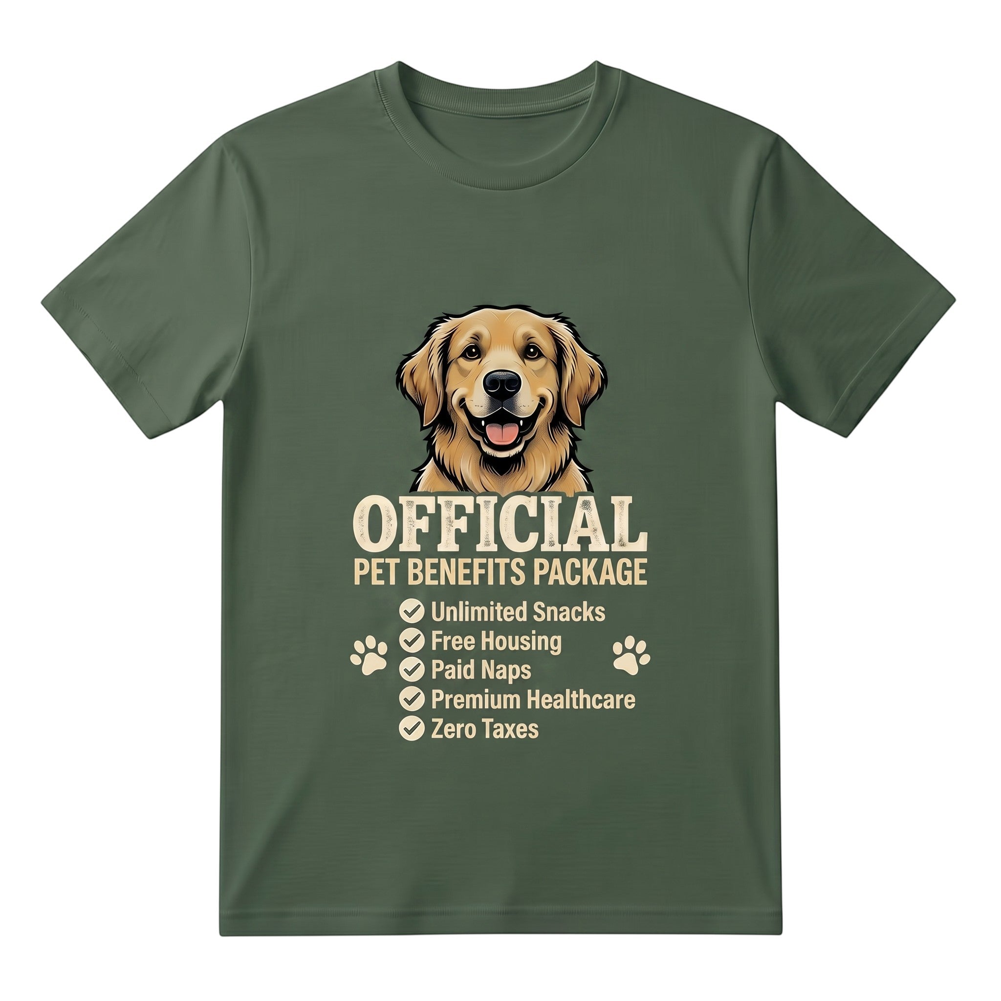TrendyShift.Com olive green unisex cotton t-shirt featuring a golden retriever and Official Pet Benefits Package graphic.