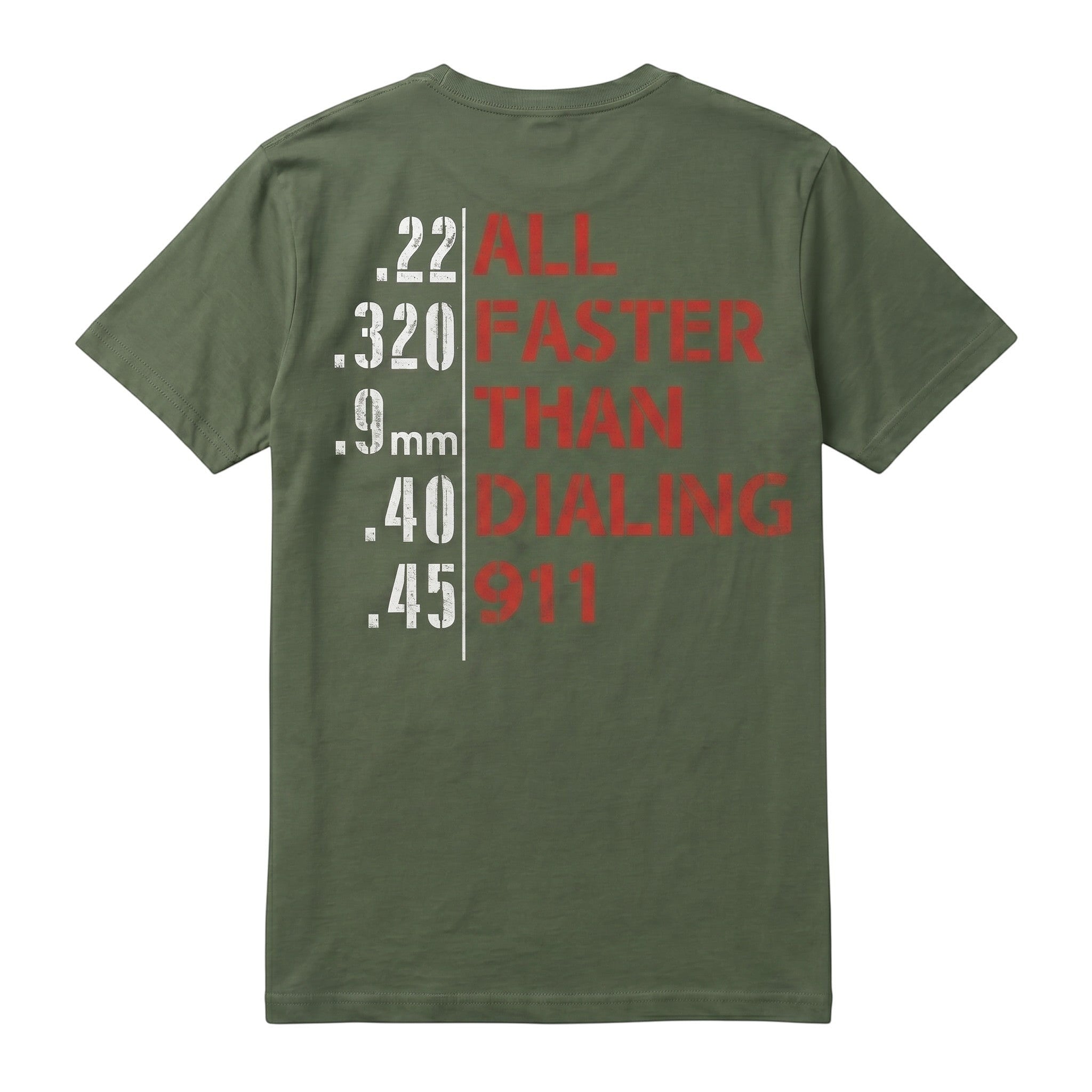 TrendyShift.Com olive green unisex t-shirt with red and white graphic print on the back featuring firearm calibers