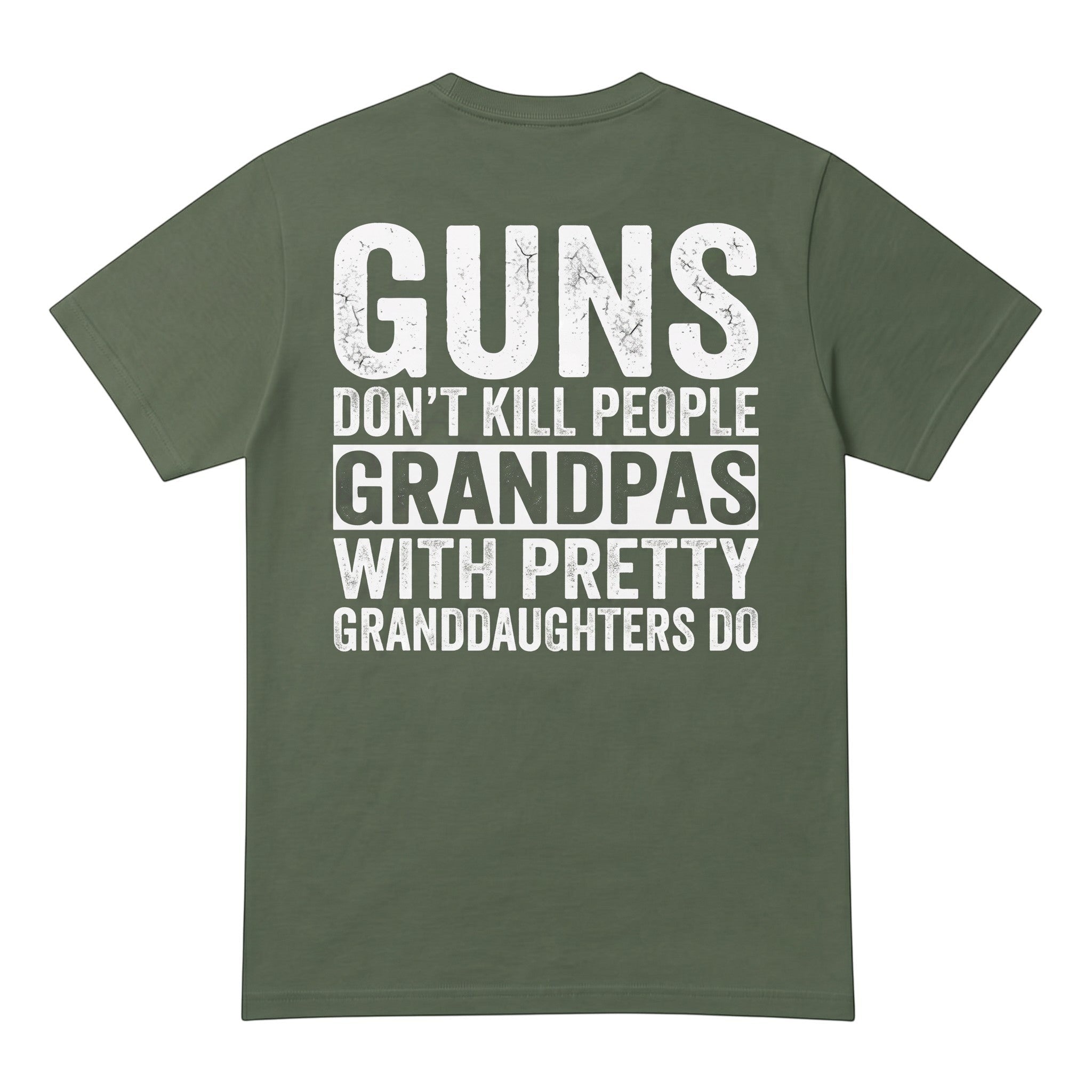 TrendyShift.Com olive green heavy cotton t-shirt with white distressed text print on the back