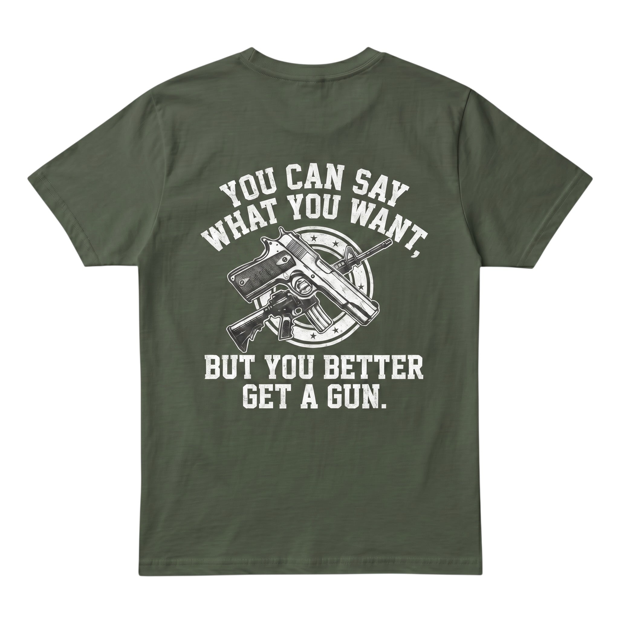 TrendyShift.Com olive green cotton t-shirt featuring a white graphic of crossed firearms and bold text on the back.