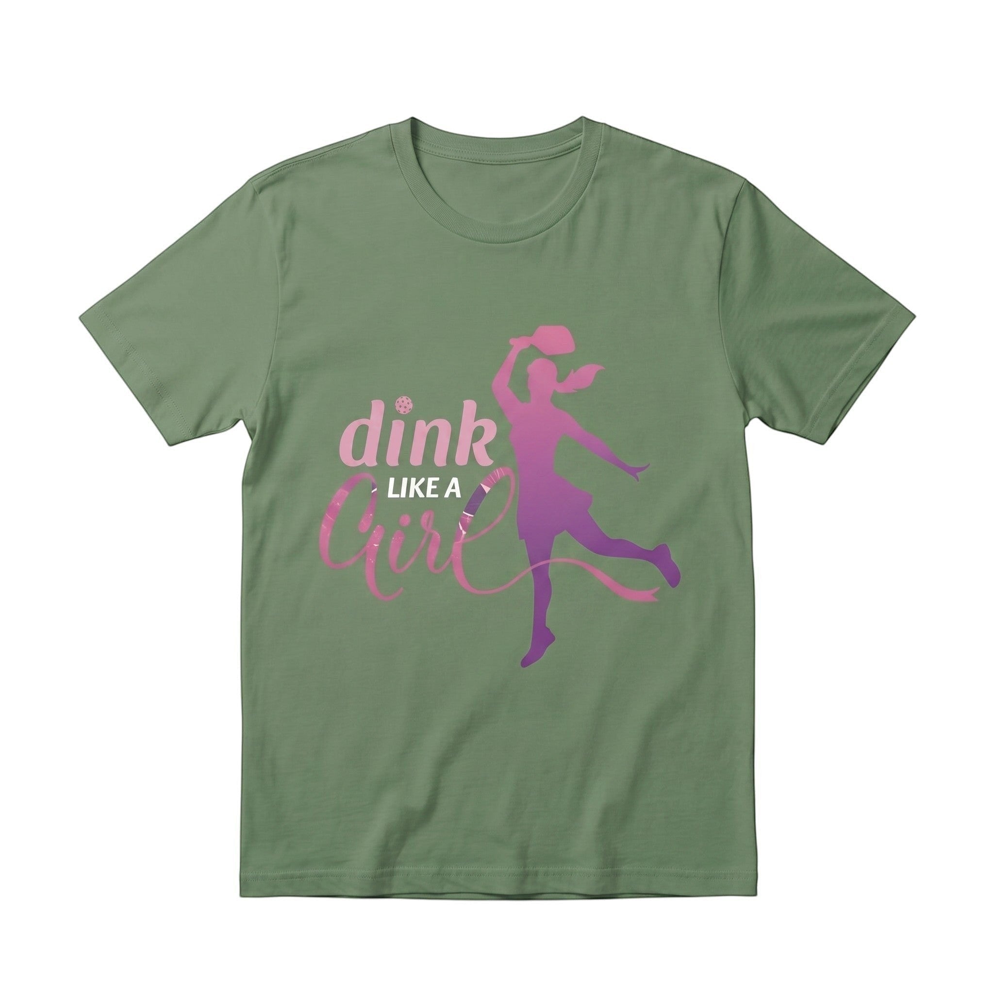 TrendyShift.Com olive green cotton unisex t-shirt featuring a pink pickleball player graphic and Dink Like a Girl text
