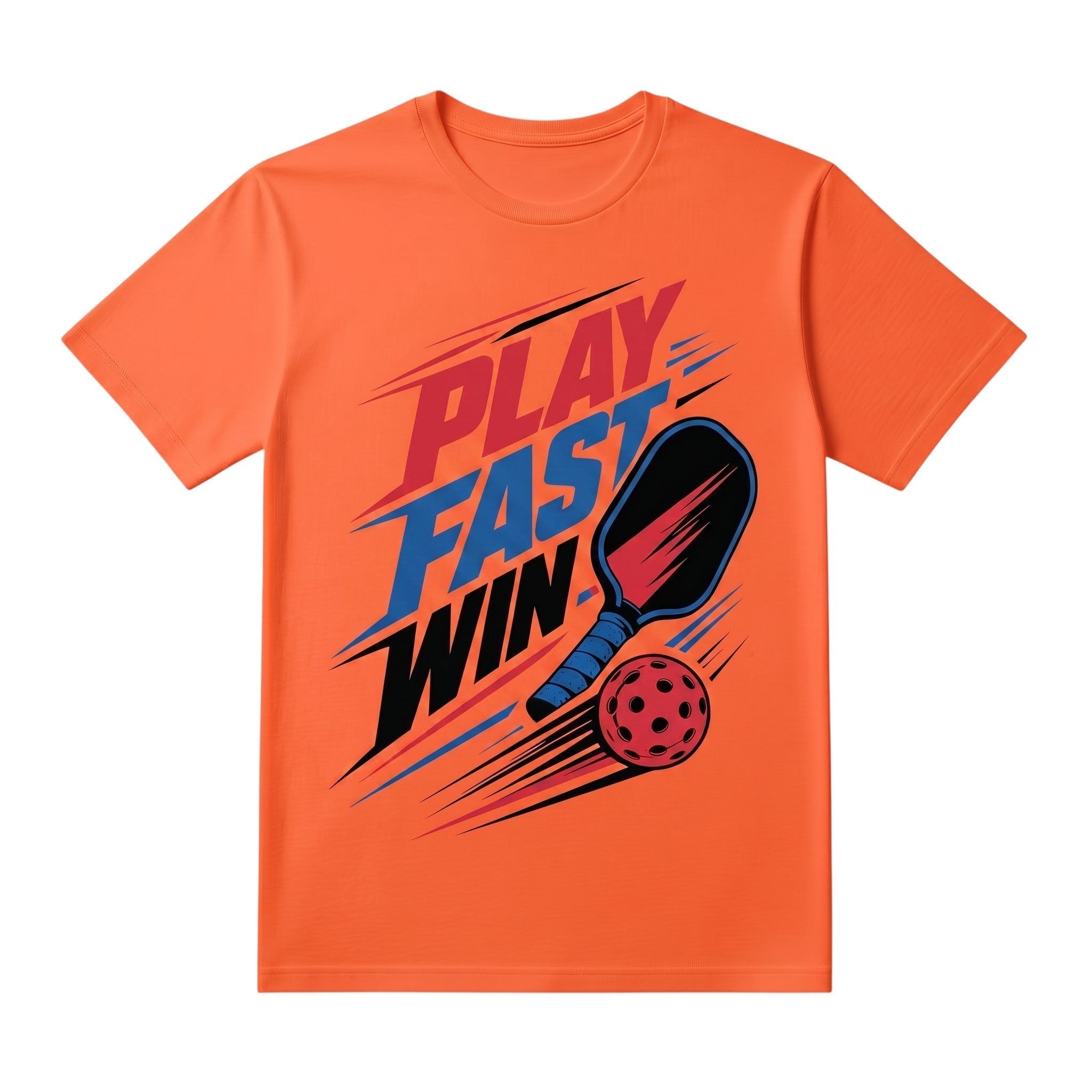 TrendyShift.Com orange short sleeve cotton t-shirt featuring a Play Fast Win pickleball graphic print.
