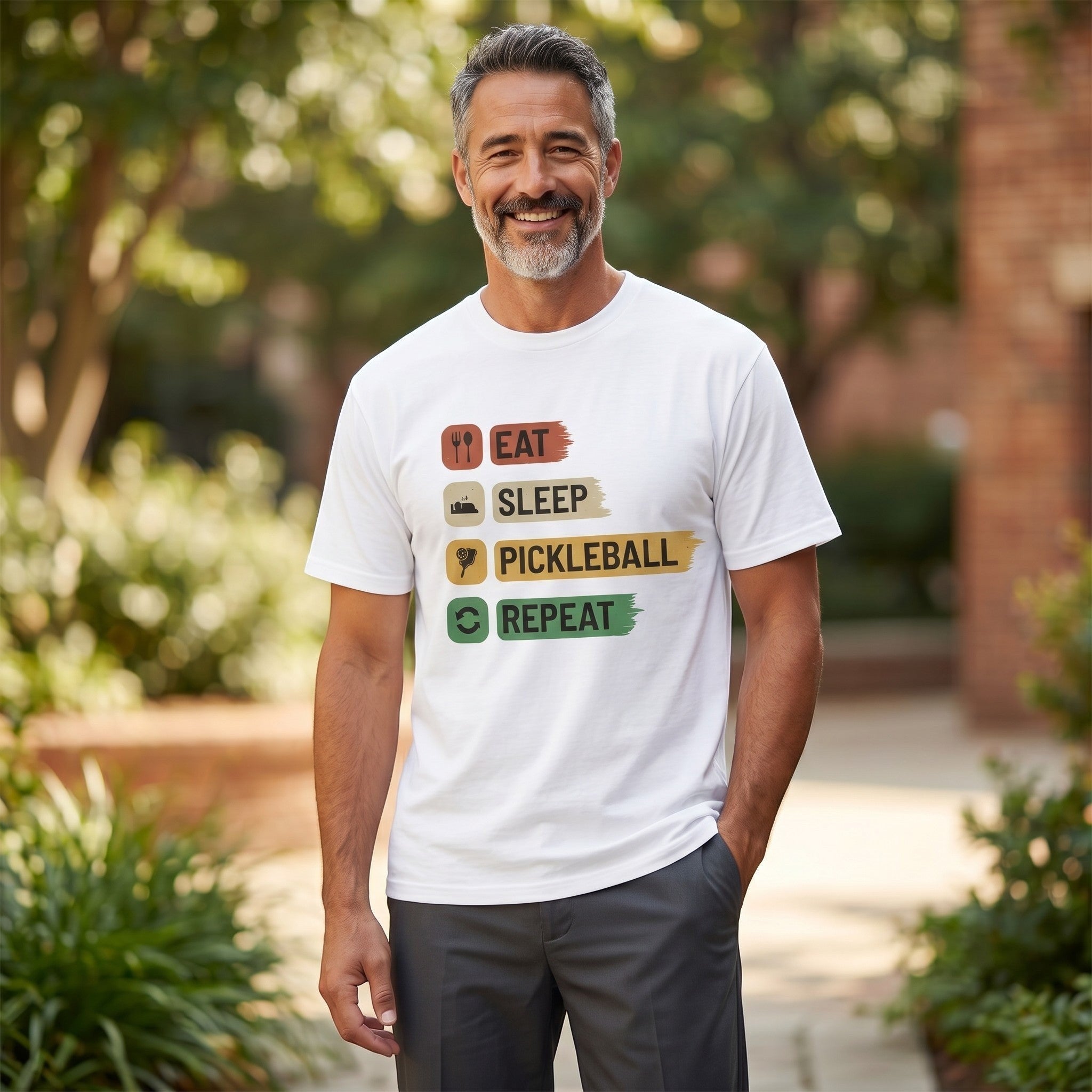 TrendyShift.Com white cotton unisex t-shirt with Eat Sleep Pickleball Repeat graphic print worn by a smiling man
