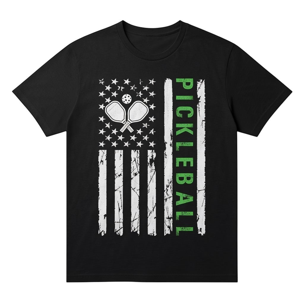 TrendyShift.Com black unisex cotton t-shirt featuring a distressed American flag design with pickleball paddles.