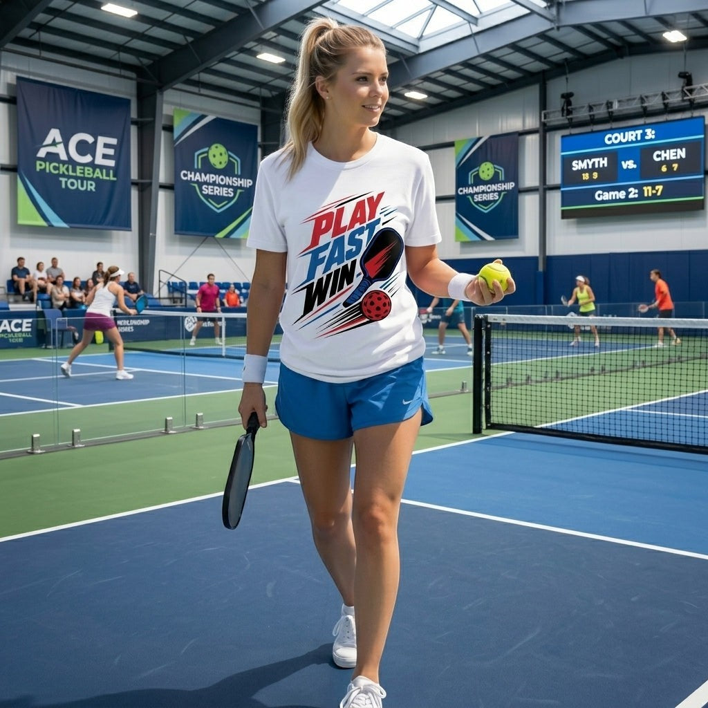 TrendyShift.Com white cotton t-shirt with Play Fast Win pickleball graphic worn by a woman on a pickleball court