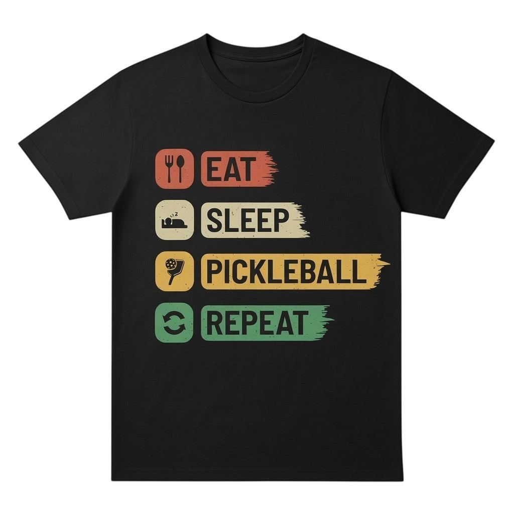 TrendyShift.Com black cotton unisex t-shirt featuring a vintage-style Eat Sleep Pickleball Repeat graphic print.