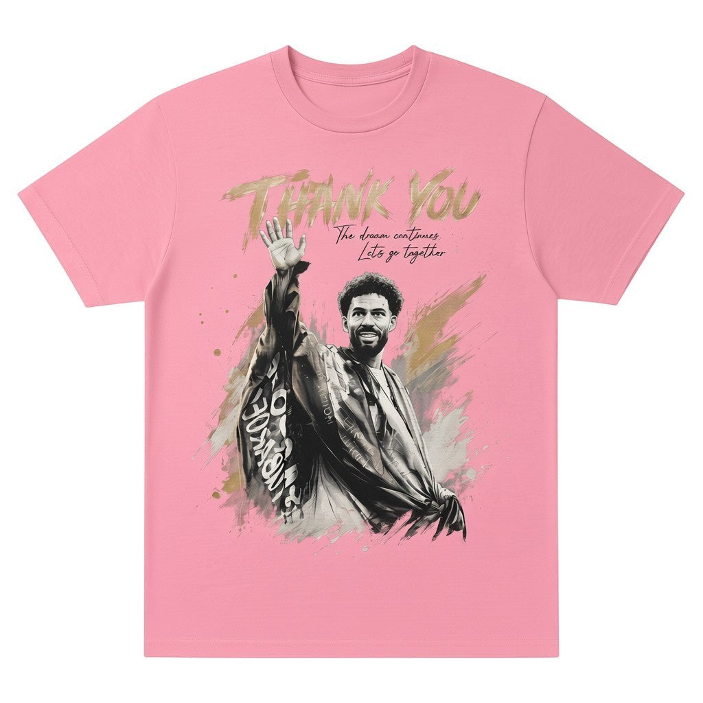 TrendyShift.Com pink oversized cotton t-shirt featuring a goalkeeper farewell graphic and Thank You text print.