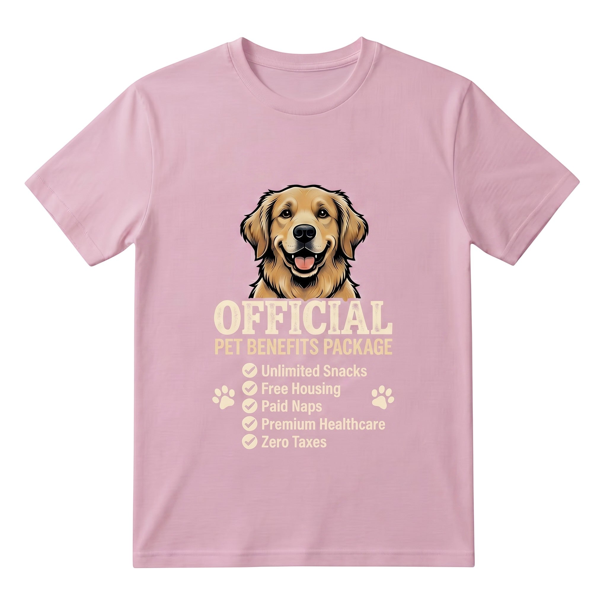 TrendyShift.Com light pink cotton t-shirt featuring a golden retriever and Official Pet Benefits Package graphic.