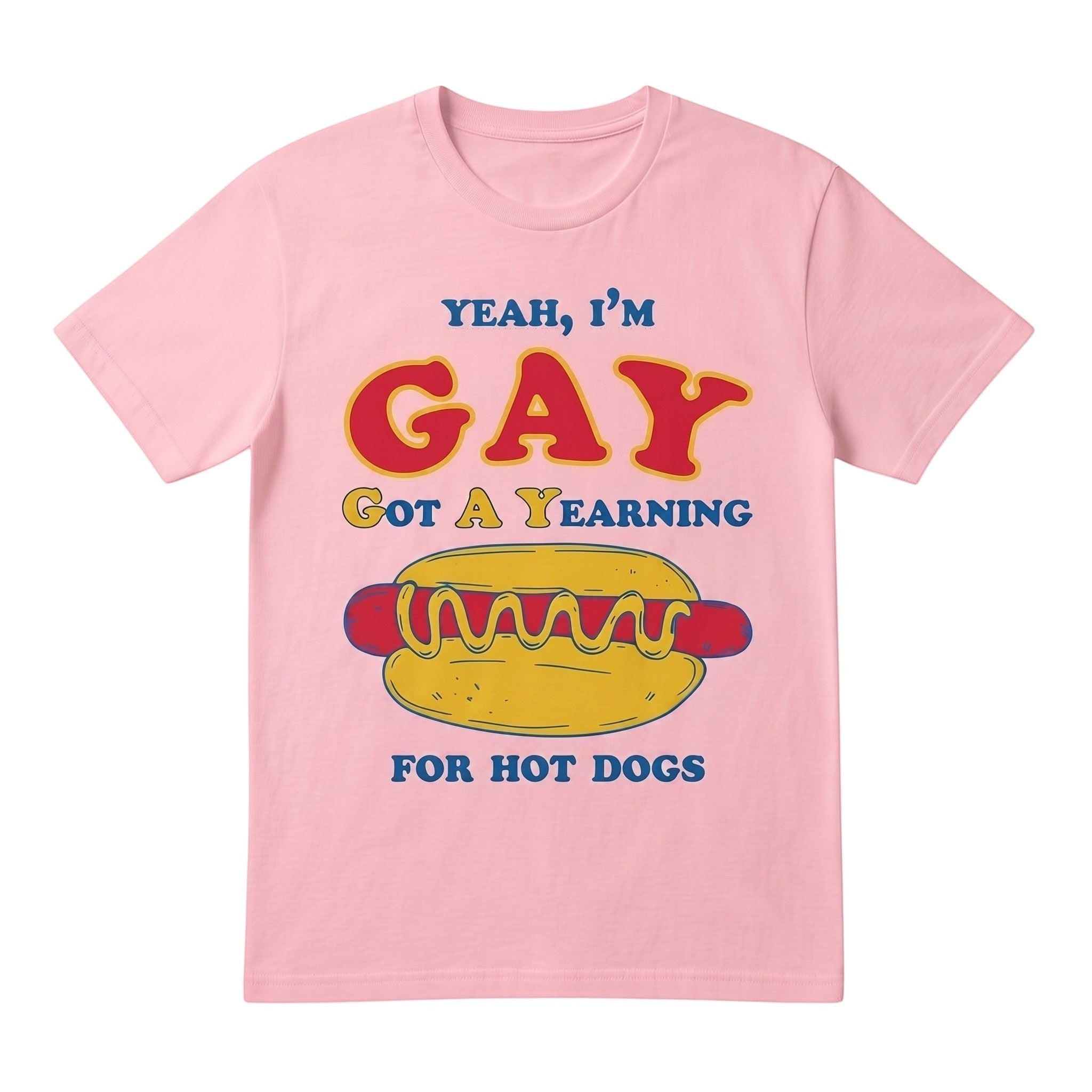 TrendyShift.Com light pink 100% cotton t-shirt with a humorous graphic print about hot dogs in retro lettering.