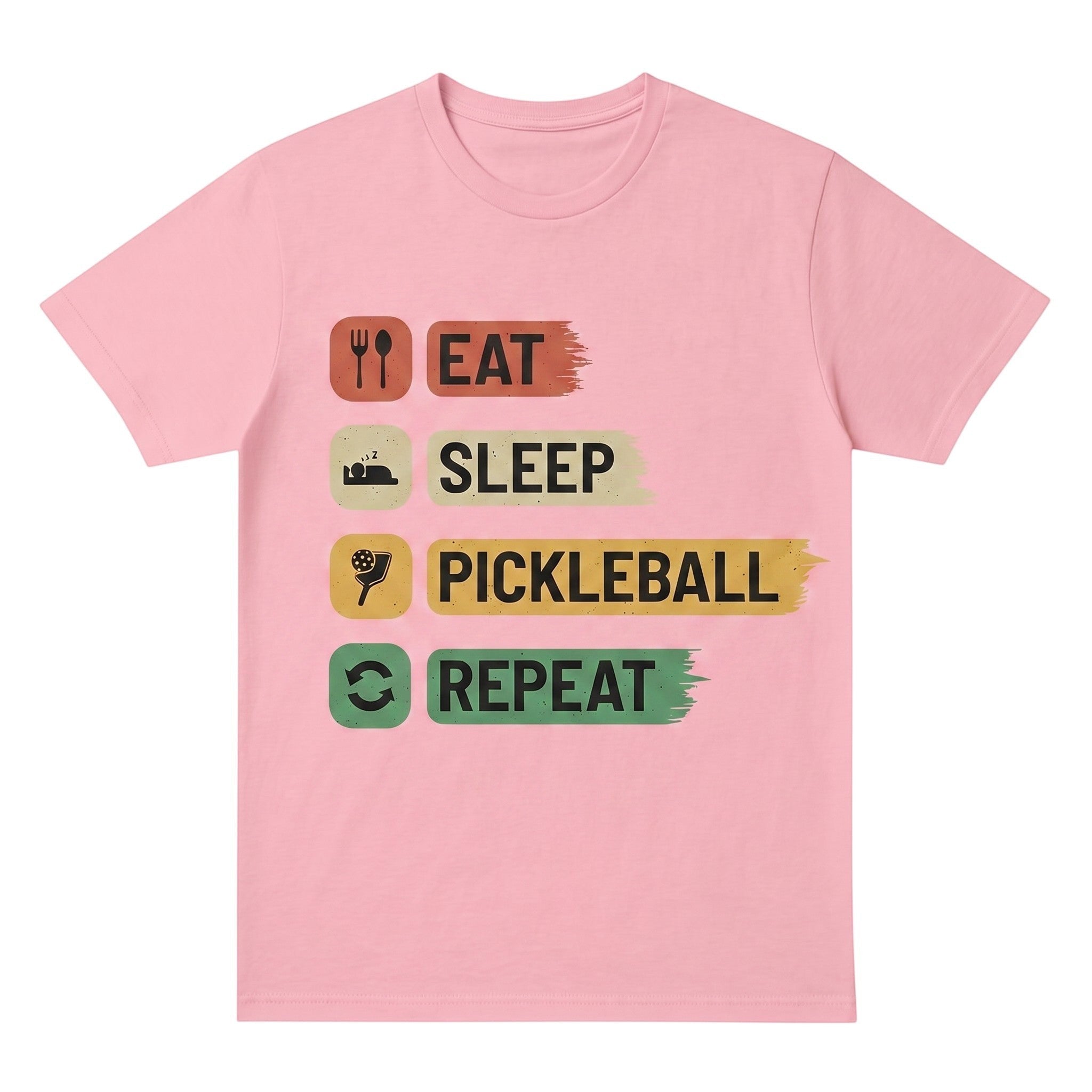 TrendyShift.Com pink unisex cotton t-shirt featuring an Eat Sleep Pickleball Repeat graphic print on the front.