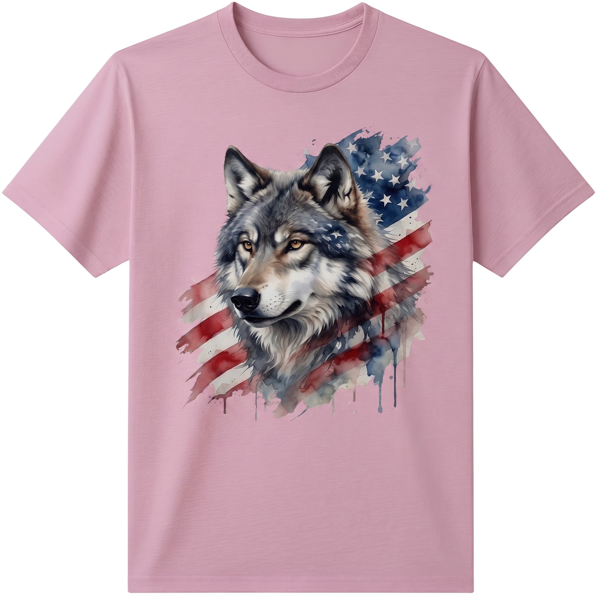 TrendyShift.Com pink t-shirt featuring a watercolor wolf and American flag graphic design.