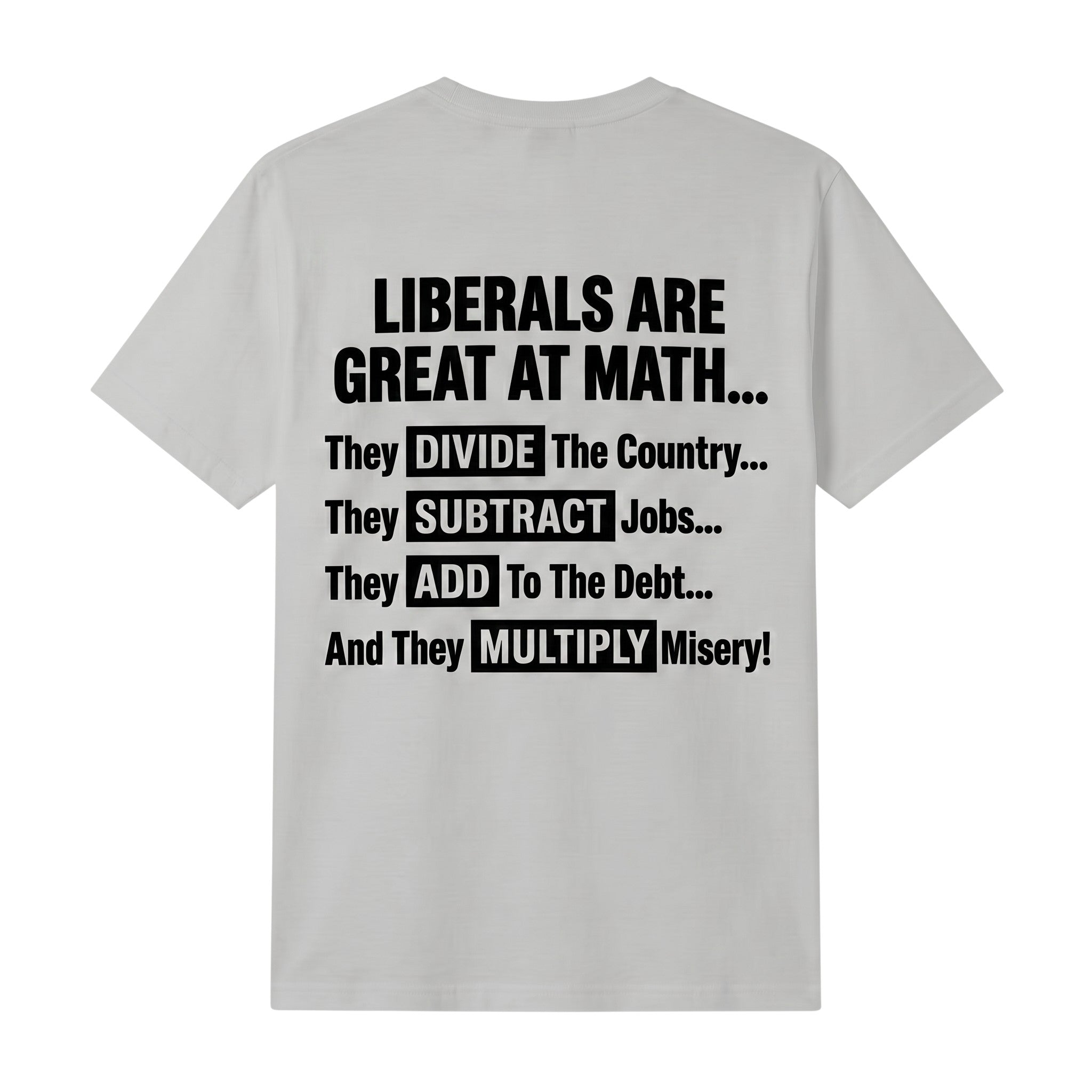 TrendyShift.Com light grey t-shirt featuring bold black political text about math and liberal policies on the back.