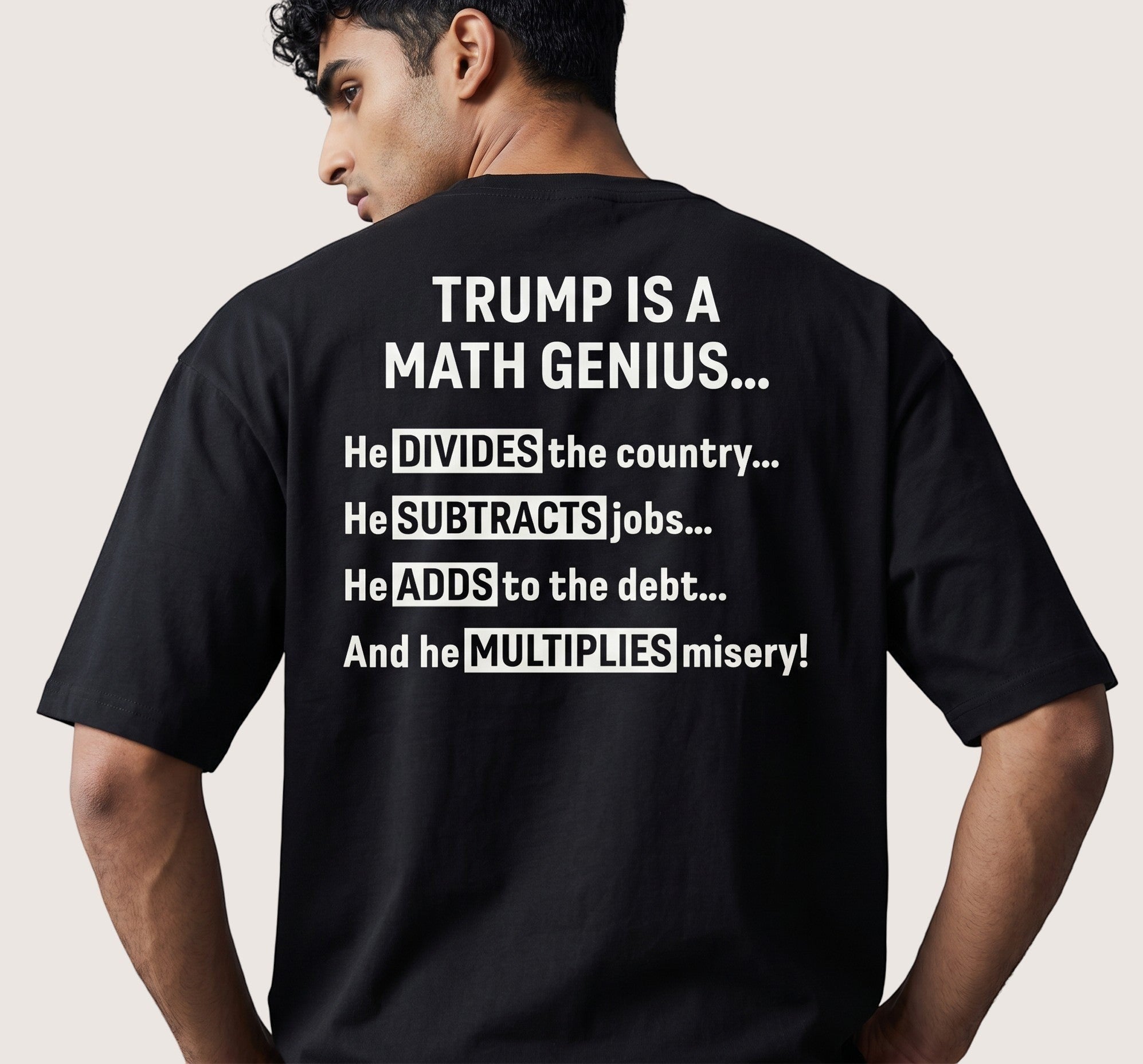 TrendyShift.Com black unisex t-shirt featuring bold white text about political math on the back, worn by a man.
