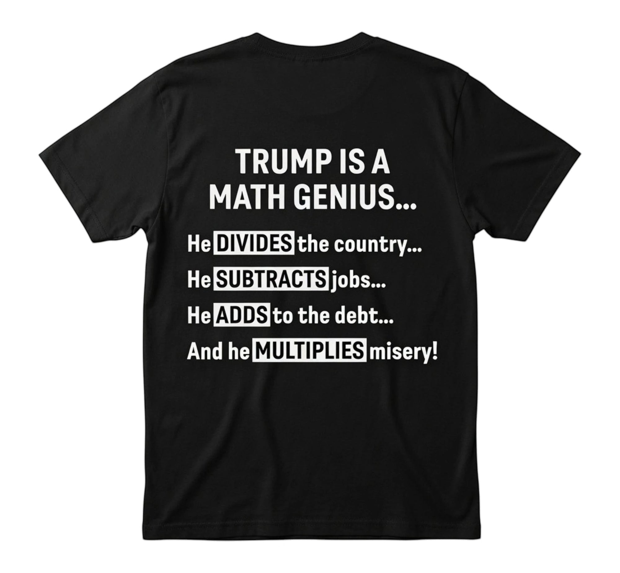 TrendyShift.Com black unisex t-shirt featuring white text about political math humor on the back