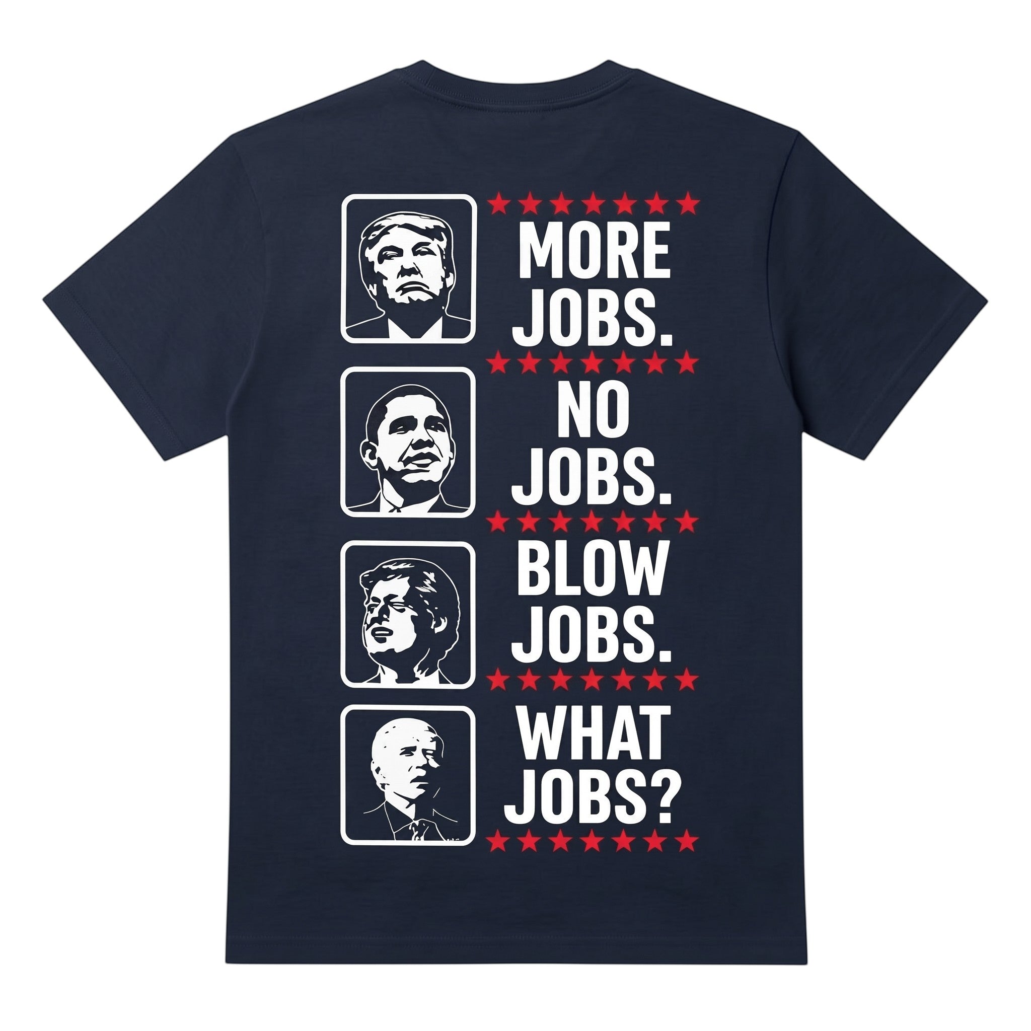 TrendyShift.Com black cotton t-shirt featuring political satire graphic portraits and bold text on the back.