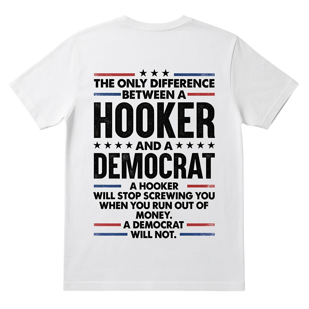 TrendyShift.Com white cotton graphic t-shirt featuring distressed red, white, and blue political satire typography.